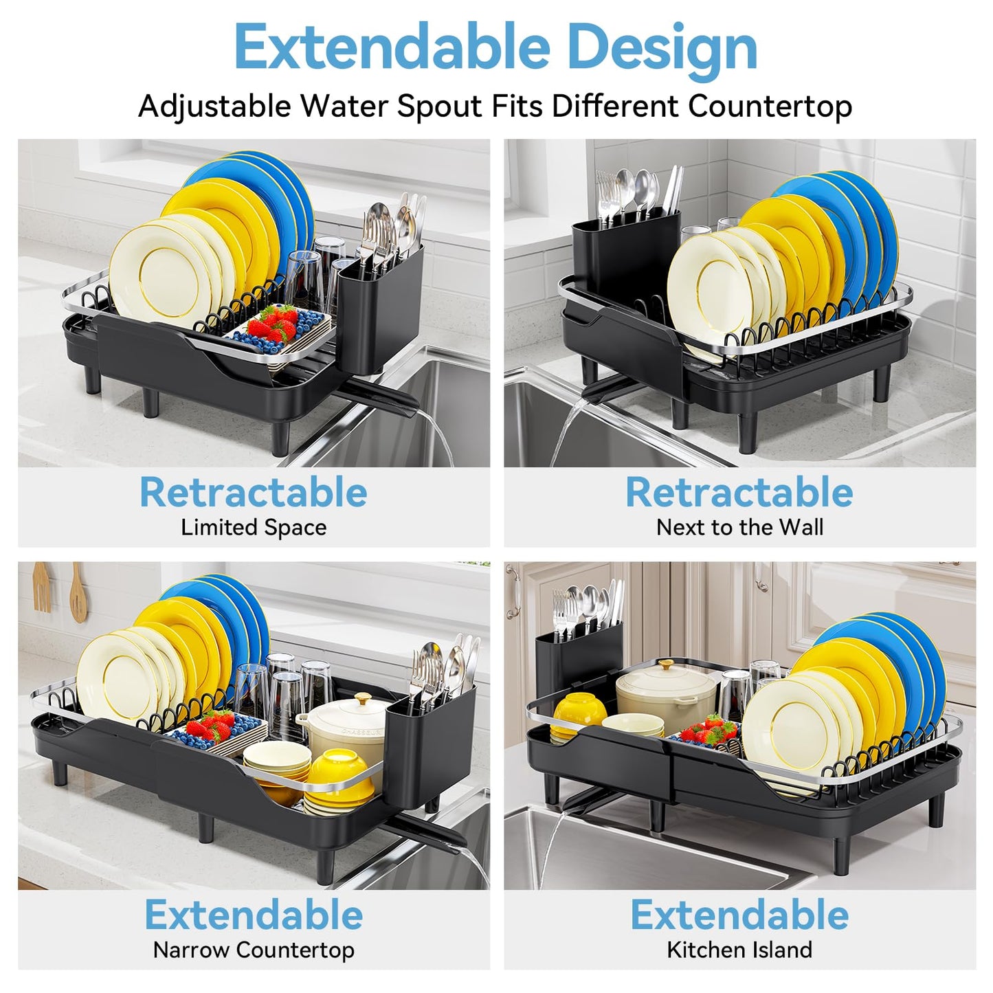 Urackify Dish Drying Rack for Kitchen Counter, Expandable Stainless Steel Dish Racks with Adjustable Water Spout, Space Saving Dish Drainer with Cutlery Holder,16.14"-23.62" L x 12.99" x 8.78",Black