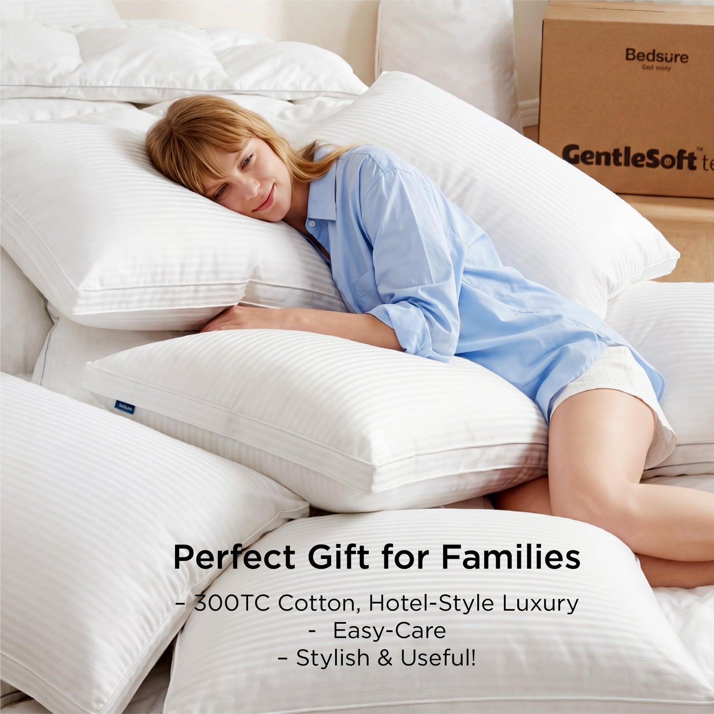 Bedsure Queen Size Bed Pillows Set of 2 - Hotel Quality Gusseted Down Alternative Pillow, 100% Cotton Cover PureWoven 300TC, Dual Chamber Fluffy Support Suitable for All Sleeping Positions