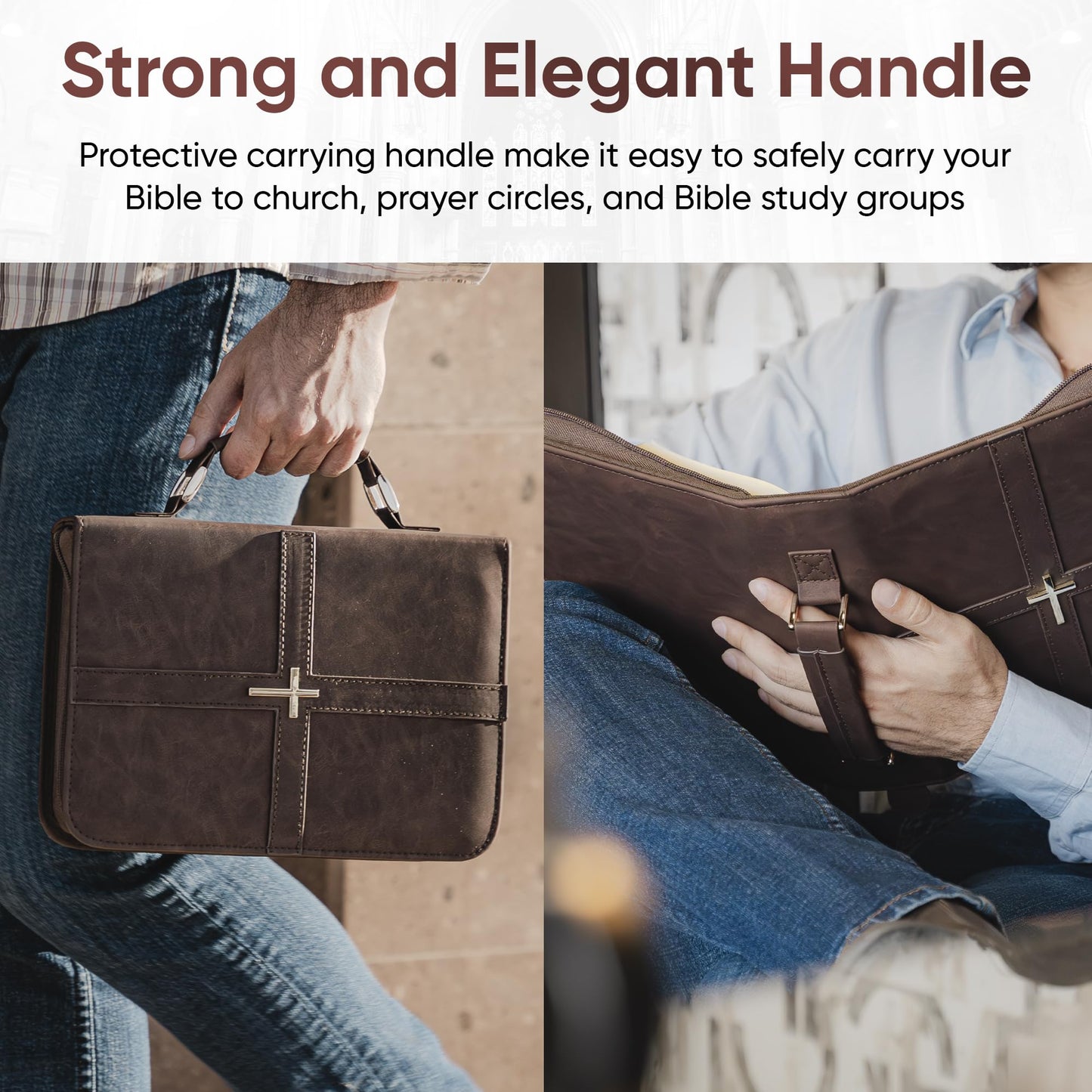 Bible Cover (U.S. Patent Pending), Discreet & Elegant Bible Case, Brown PU Leather Bible Cover, Cross Design Bible Bags, Strong and Sturdy Book Case, Includes Premium Bookmark