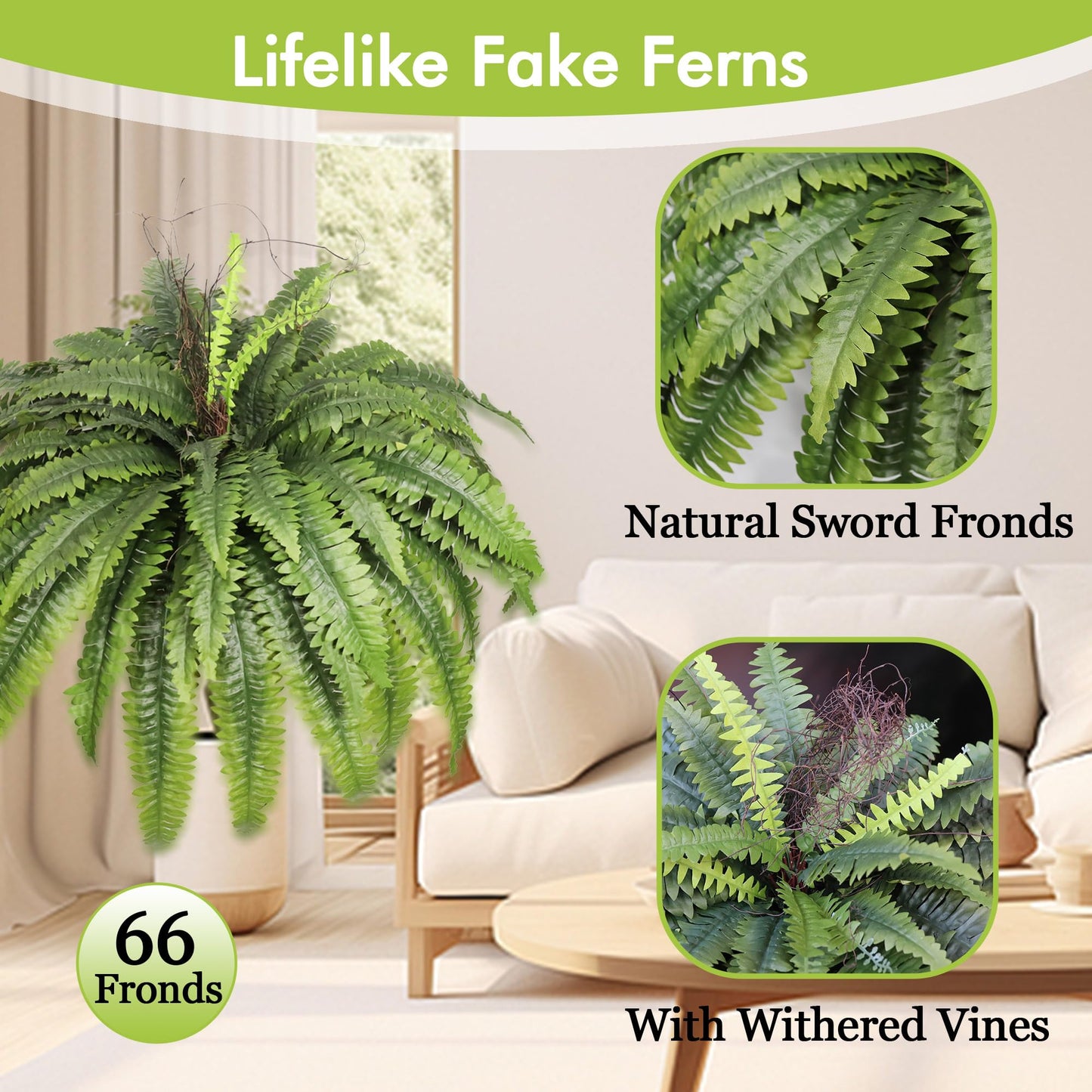 zooFernzoom Artificial Ferns for Outdoors & Indoors, 51in Large Fake Ferns Plants, Artificial Boston Fern Faux Greenery for Porch Entrance Home Decor