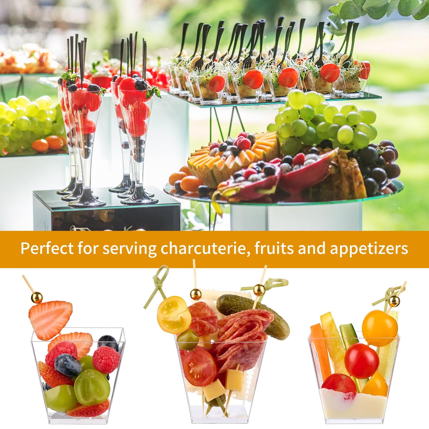 Zezzxu 50 Sets 7 oz Plastic Charcuterie Cups with 200 Sticks, Square Appetizer Cup with Cocktail Picks Mini Party Serving Cups for Fruit, Snack, Dessert