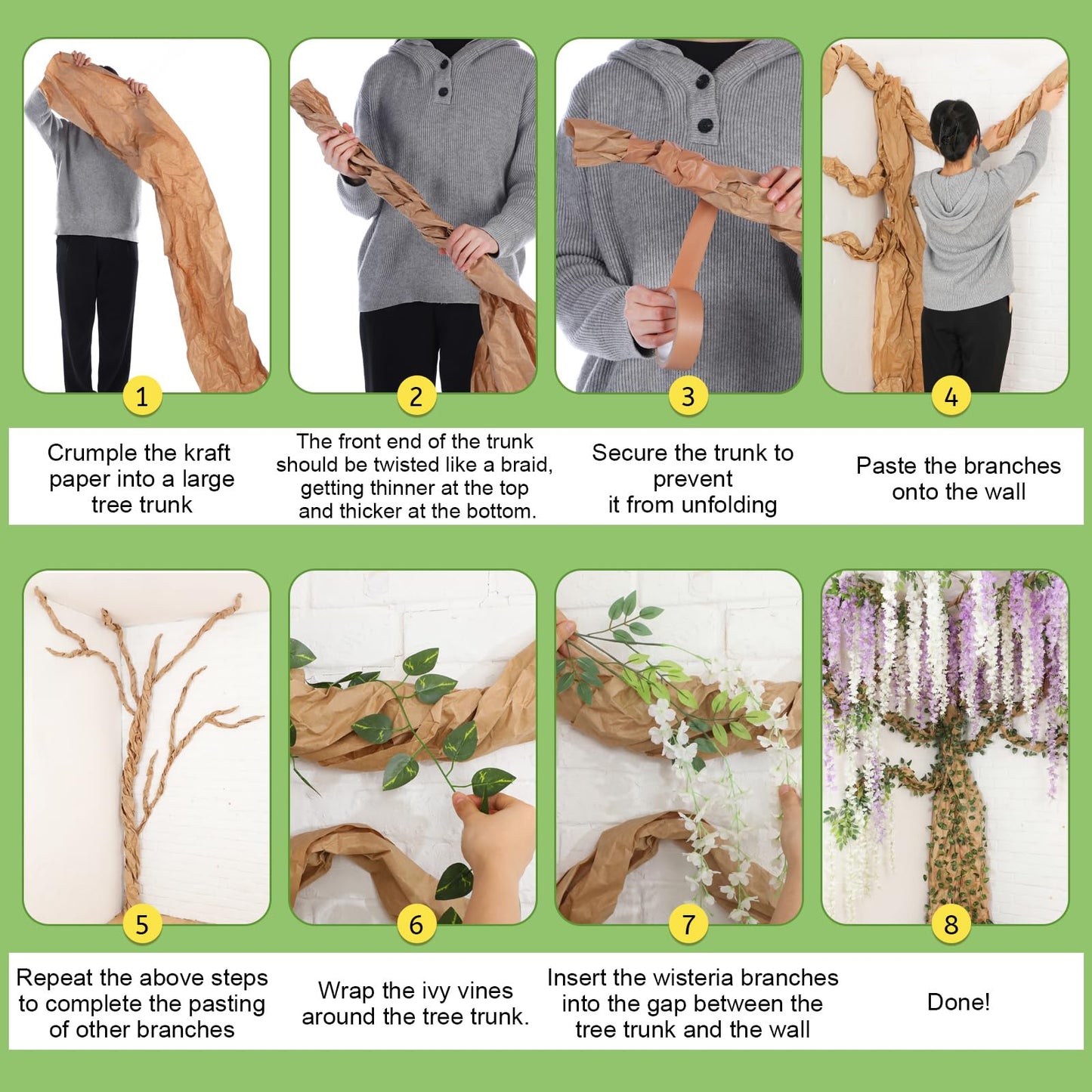 XunYee 40 Pcs 3D Wisteria Tree Wall Decor for Room Classroom Ceiling Artificial Wisteria Hanging Flower DIY Cardboard Paper Tree with Vine Kraft Paper Fairy Bulletin Board Decoration(White, Purple)