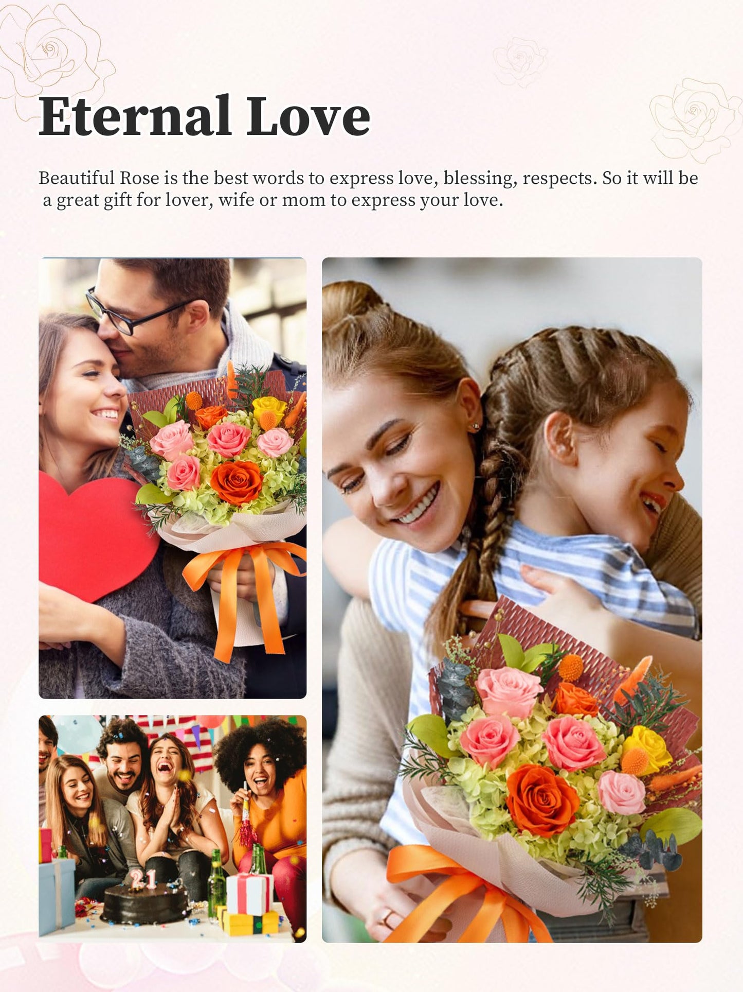Flomoon Forever Flowers Gifts for Mom, Mothers Day Preserved Flowers Bouquet Birthday Gifts for Women, Preserved Roses for Grandma Wife Anniversary Valentines Day Christmas (7Roses, Orange)