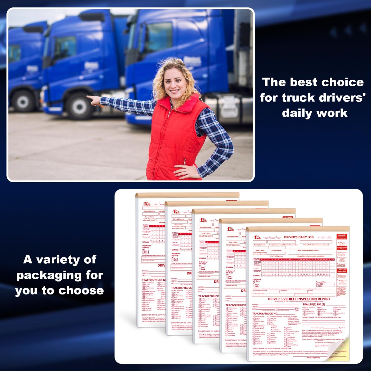 5 Pcs 8.5x11inch 2-in-1 Driver Log Books for Truckers Dot Log Book Driver Vehicle Inspection Report Log Books with Detail Backup Truck Inspection Forms 2-Ply Carbonless for Drivers （Large Size)