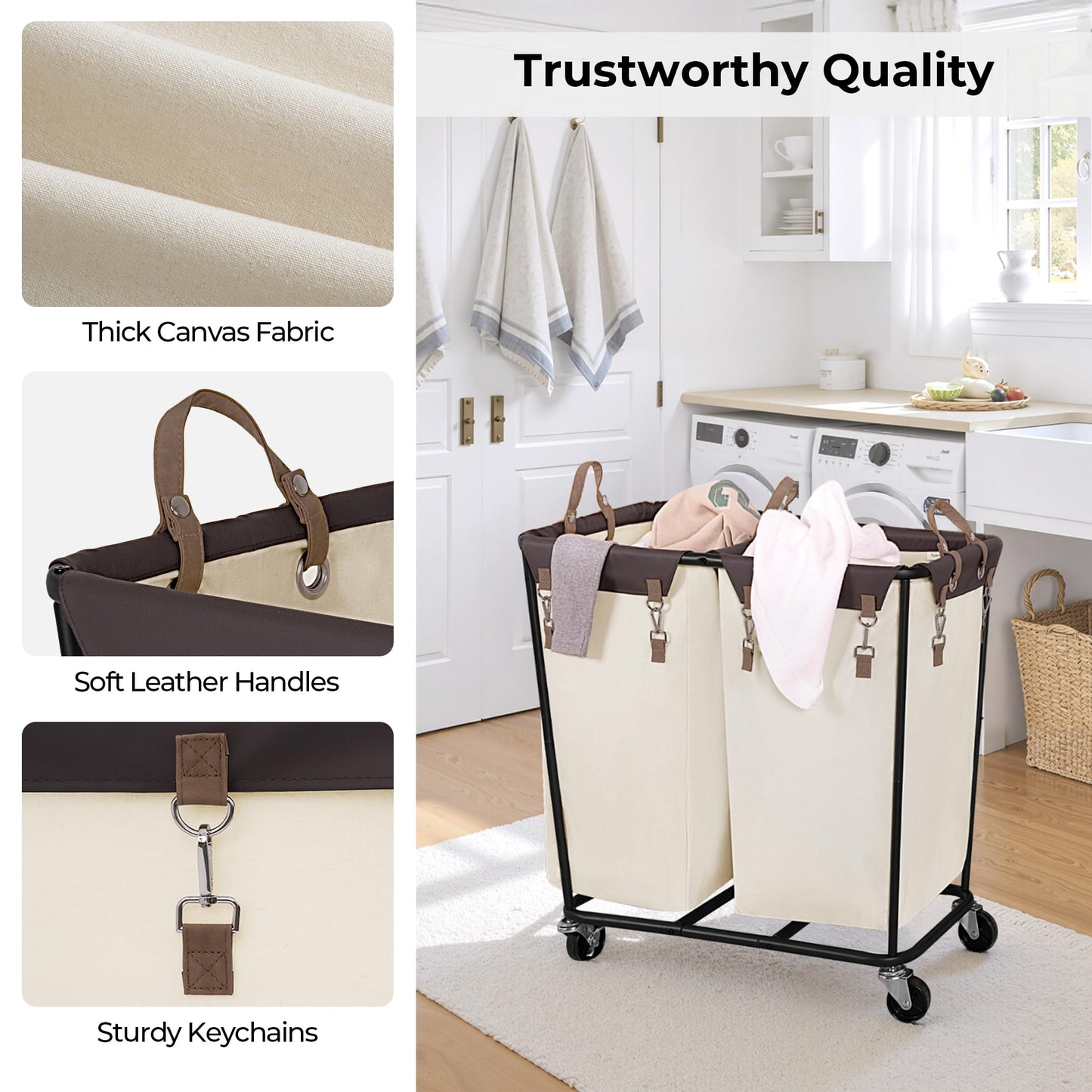 StorageWorks 280L Large Laundry Hamper with Wheels, Laundry Basket with Wheels 2 Sections, Clothes Sorter Cart with Divider for Hotel, Home, Beige, 1-Pack