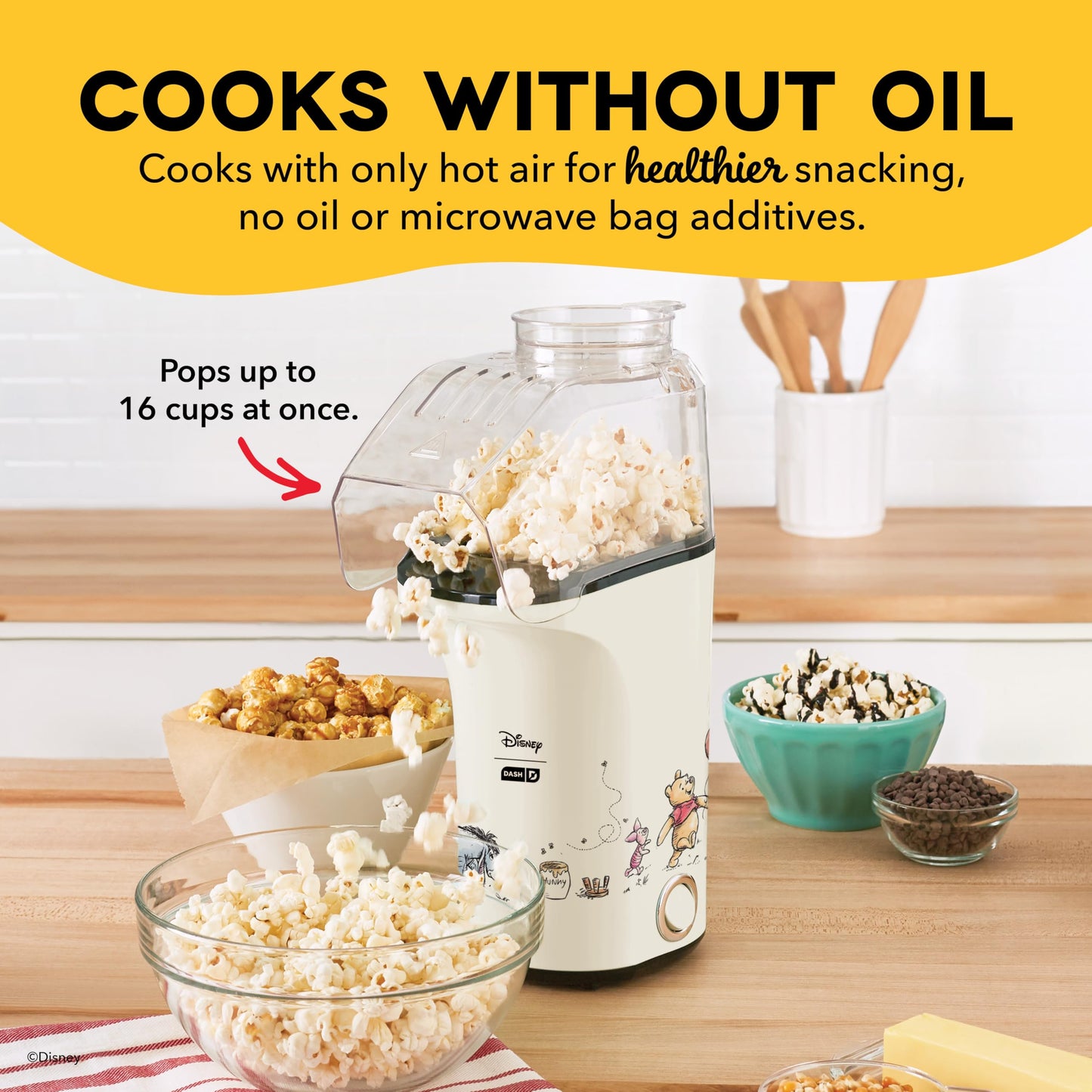 Disney Dash Fresh Pop Popcorn Maker - Oil-Free, Air Popcorn Popper - With Measuring Cup & Recipe Guide - Perfect for Movie Nights - 16 Cups, Winnie the Pooh