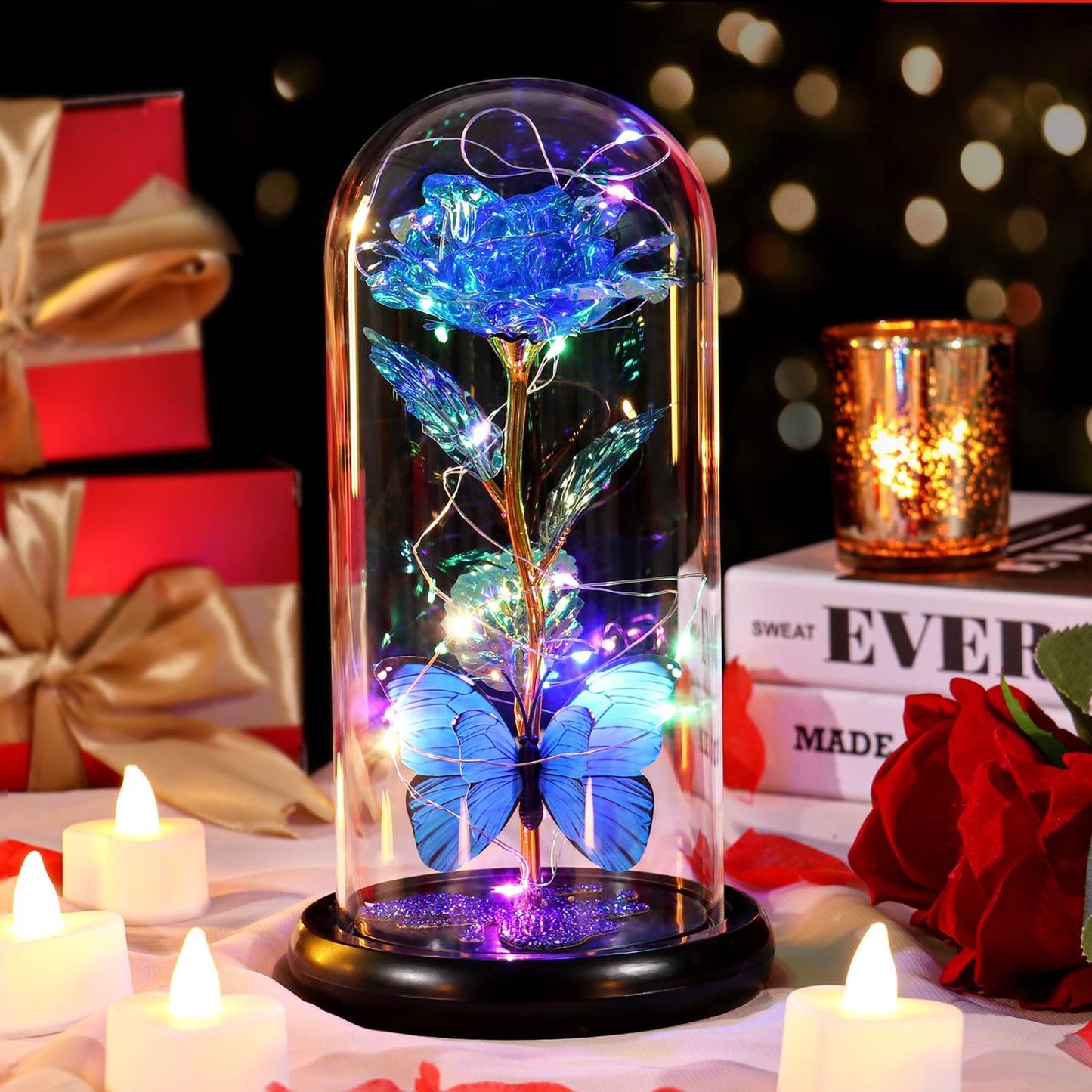 DEEMEI Mothers Day Birthday Gift for Mom from Daughter Son Blue Rose Eternal Flower Light Up Rose in Glass Dome with Butterfly, Mother's Flowers Gifts for Mom Women Wife Grandma Delivery Prime