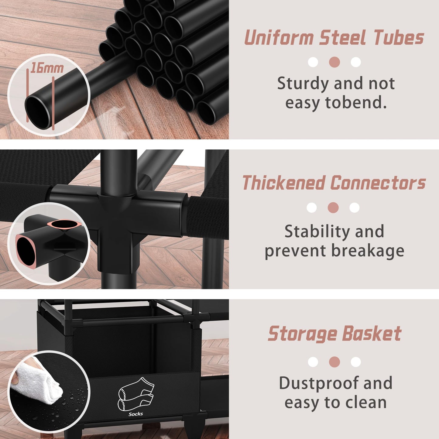 Jofuler Portable Closet, Easy Assembly, Large Capacity Wardrobe Closet, Sturdy and Stable Clothes Rack with Shelves 4 Storage Baskets and 2 Hanging Rods, for Bedroom and Cloakroom Black