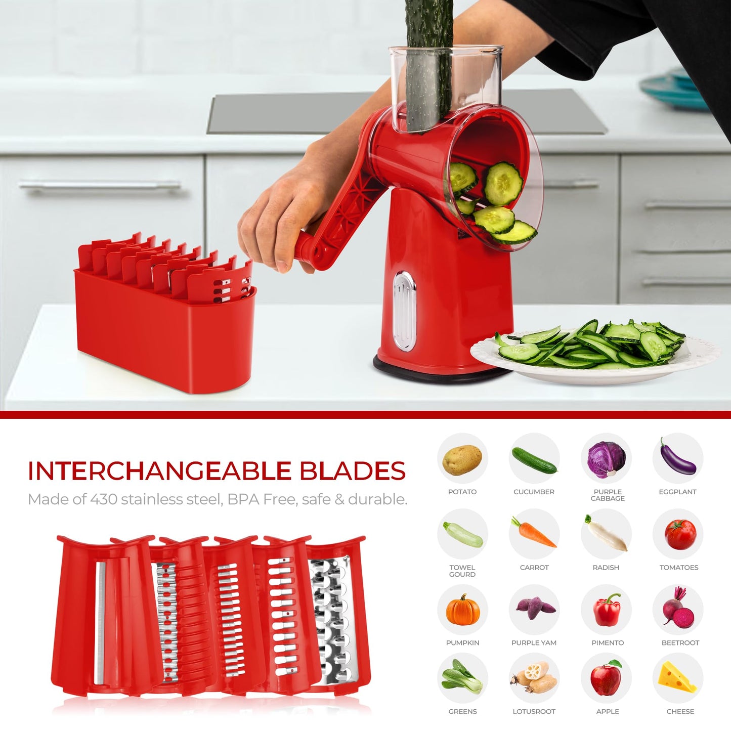 SUSTEAS Rotary Cheese Grater with Handle - Vegetable Shredder with 5 Well-designed Blades & Strong Suction Base,Round Mandoline Slicer & Food Chopper for Kitchen,with Blade Storage Box(Red)