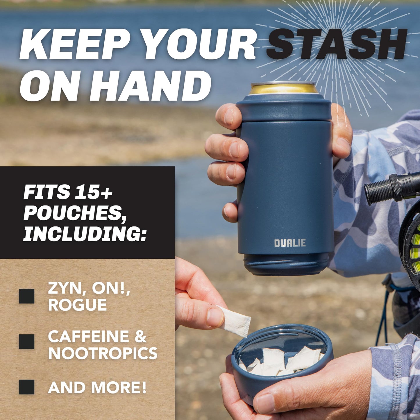 DUALIE Lower Deckie - Insulated 12 oz Can Cooler with Pouch Container - Universal Drink Holder with Built-in Pouch Bin - Navy