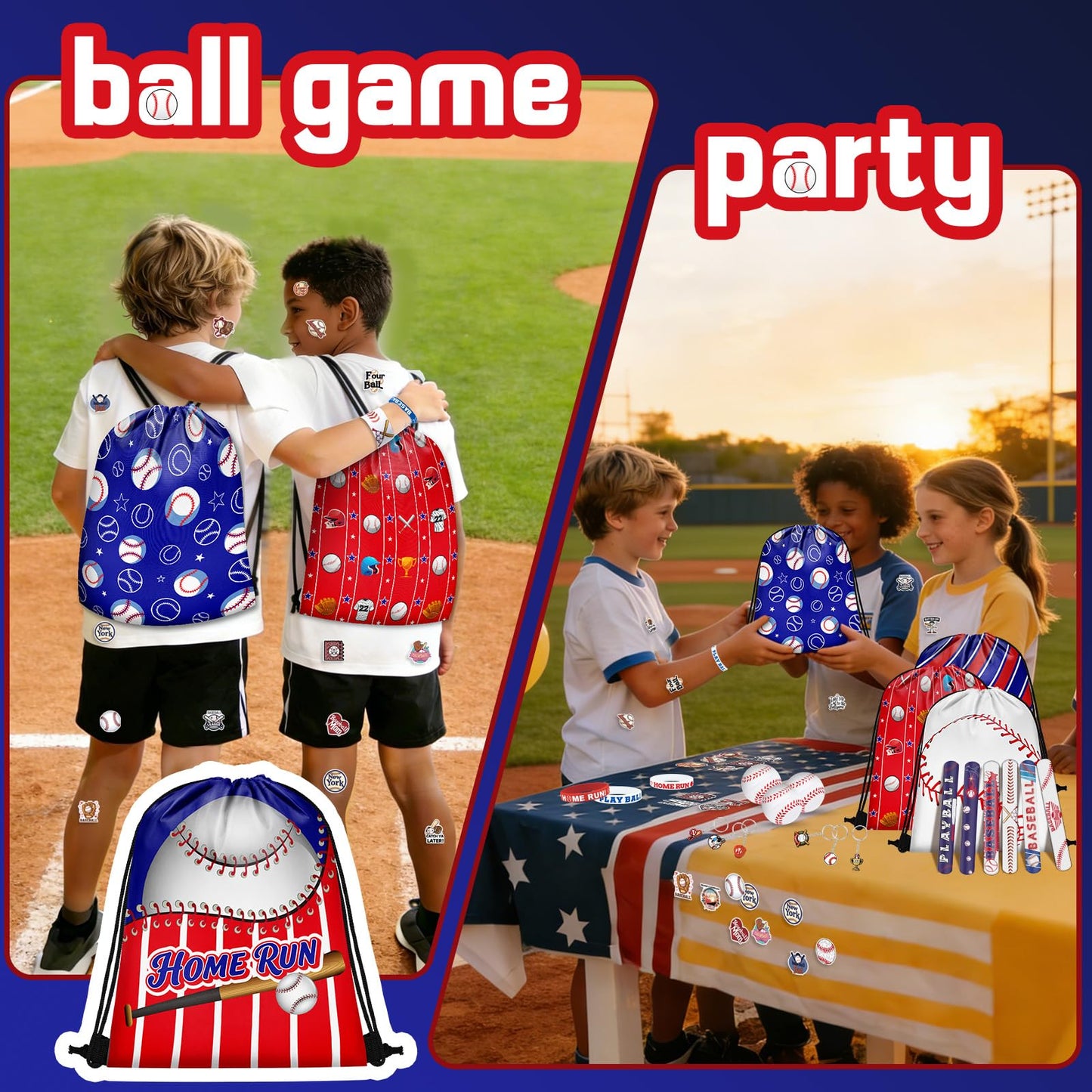 Grneric 120PCS Baseball Party Favors, Baseball Goodie Bags Drawstring Bags with Mini Baseballs, Bracelets, Keychains, Stickers & Tattoos for Baseball Party Supplies