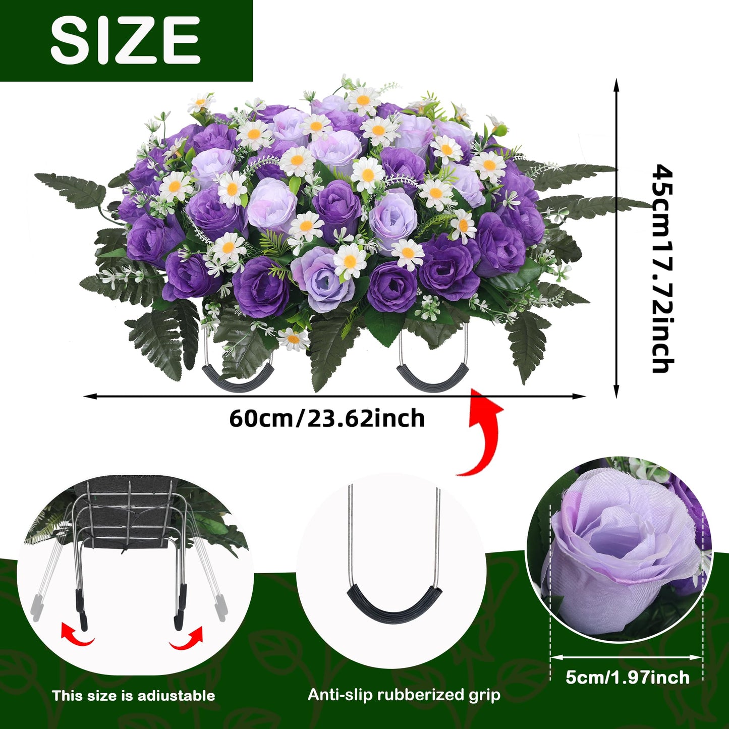 Wocst Headstone Flower Saddle,Large Artificial Cemetery Flowers for Grave Artificial Roses Daisy Saddle for Cemetery Headstone (Purple)