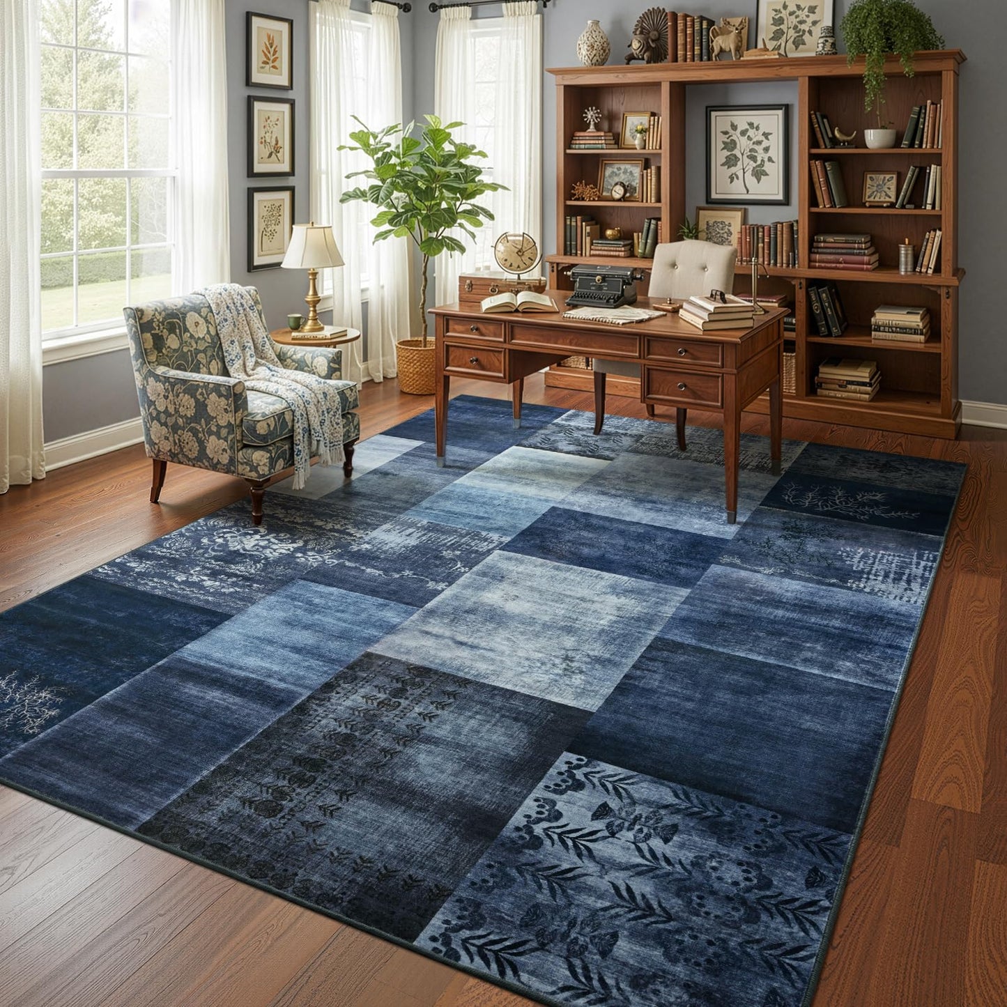 DweIke Washable Area Rugs 5x7 for Living Room, Modern Geometric Navy Blue Soft Patchwork Carpet, Non-Slip Stain Resistant Throw Rug for Bedroom Dining Room Office Home Decor