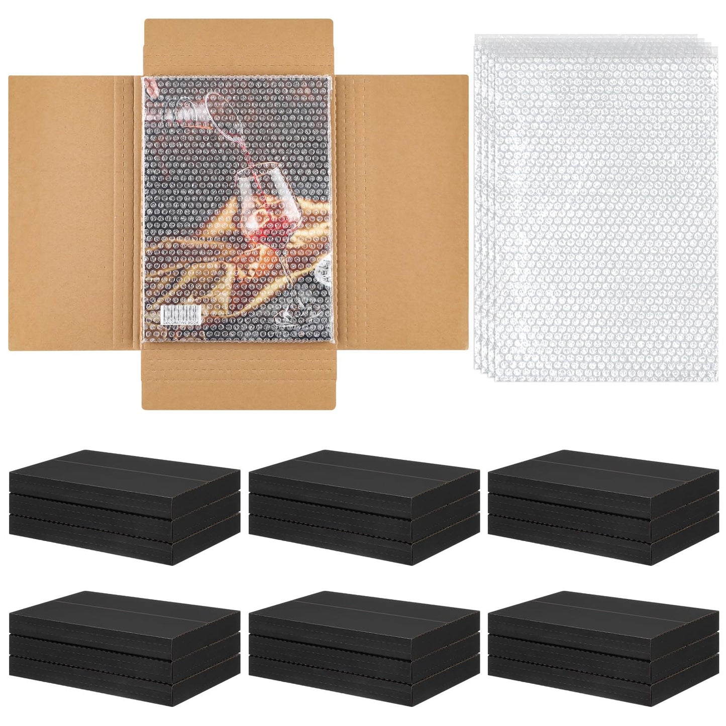 Fullhawl 30 Pack Corrugated Comic Book Mailers with 30 Bubble Bags, Comic Book Shipping Box Easy Fold Cardboard Photo Box for Mailing Packaging, Height Adjustable (Black,7.8 x 11 x 1.2 Inch)