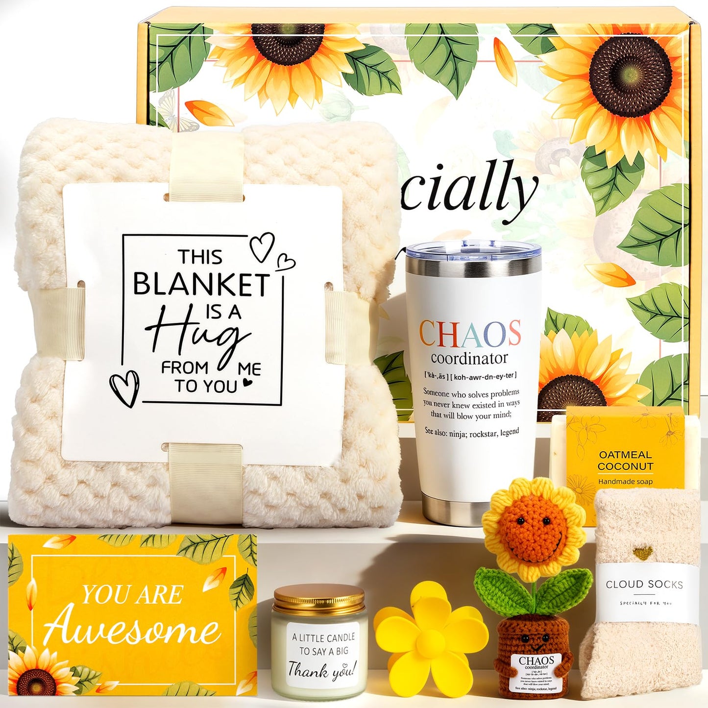 Chaos Coordinator Gifts for Women, Thanks Gifts Sunflower Thank You Gift Baskets for Manager Coworker Employee Mentor Appreciation, Birthday, Mom Friends Teachers Nurse, Get Well Soon Baskets