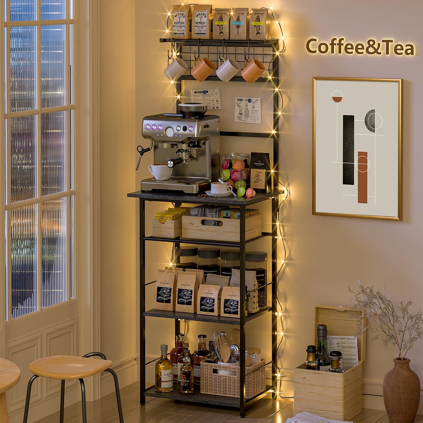 5 Tier Coffee Bar Station, Kitchen Stand with 4 S-Shaped Hooks, Farmhouse Corner Coffee Bar for Small Spaces, Bakers Rack for Kitchen, Entryway, Living Room, 13.43"D x 18.93"W x 53.31"H,Gray