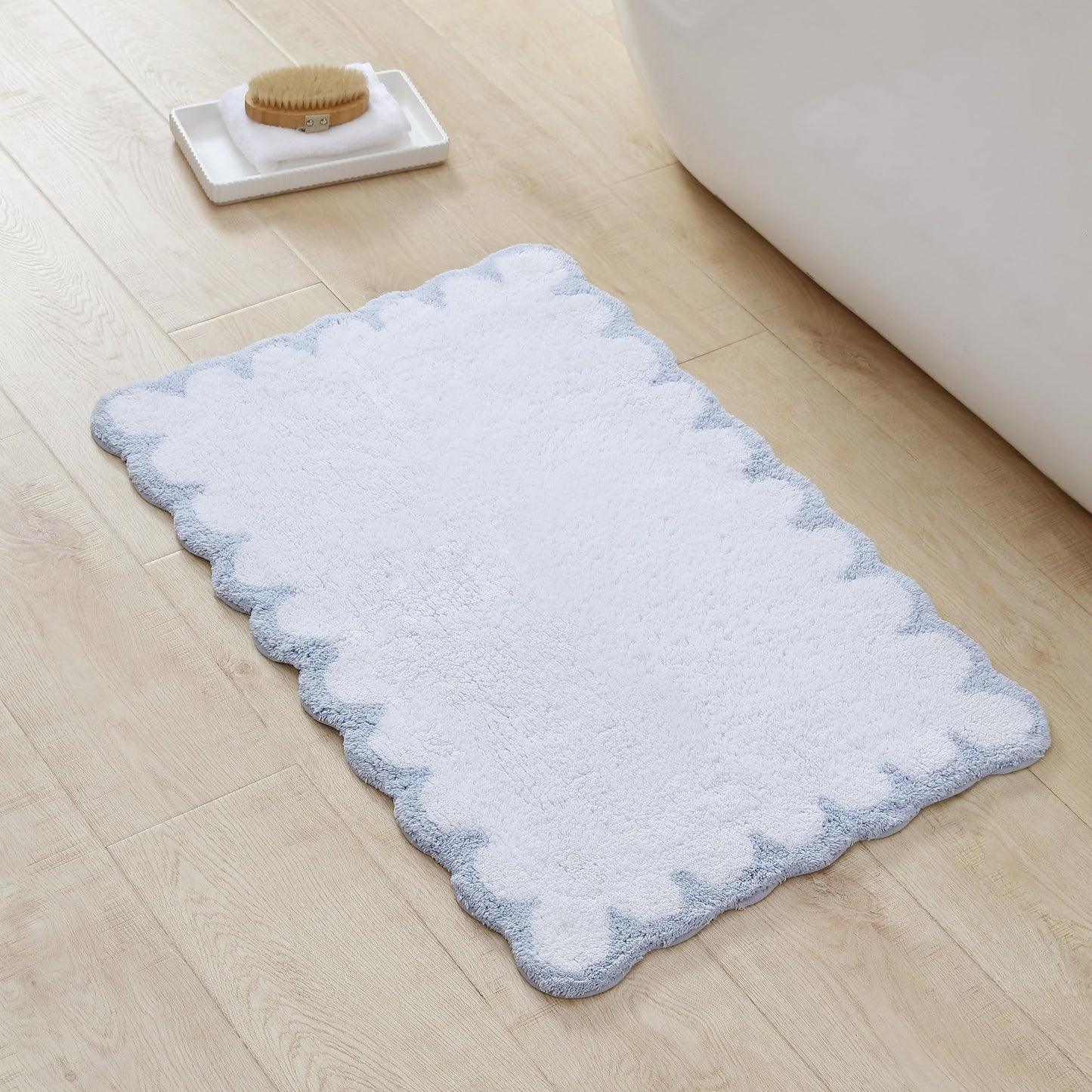 Peri Home Scalloped Bath Rug - Soft & Absorbent 100% Cotton Tufted Bath Mat, 20" x 30", White with Blue Scallop