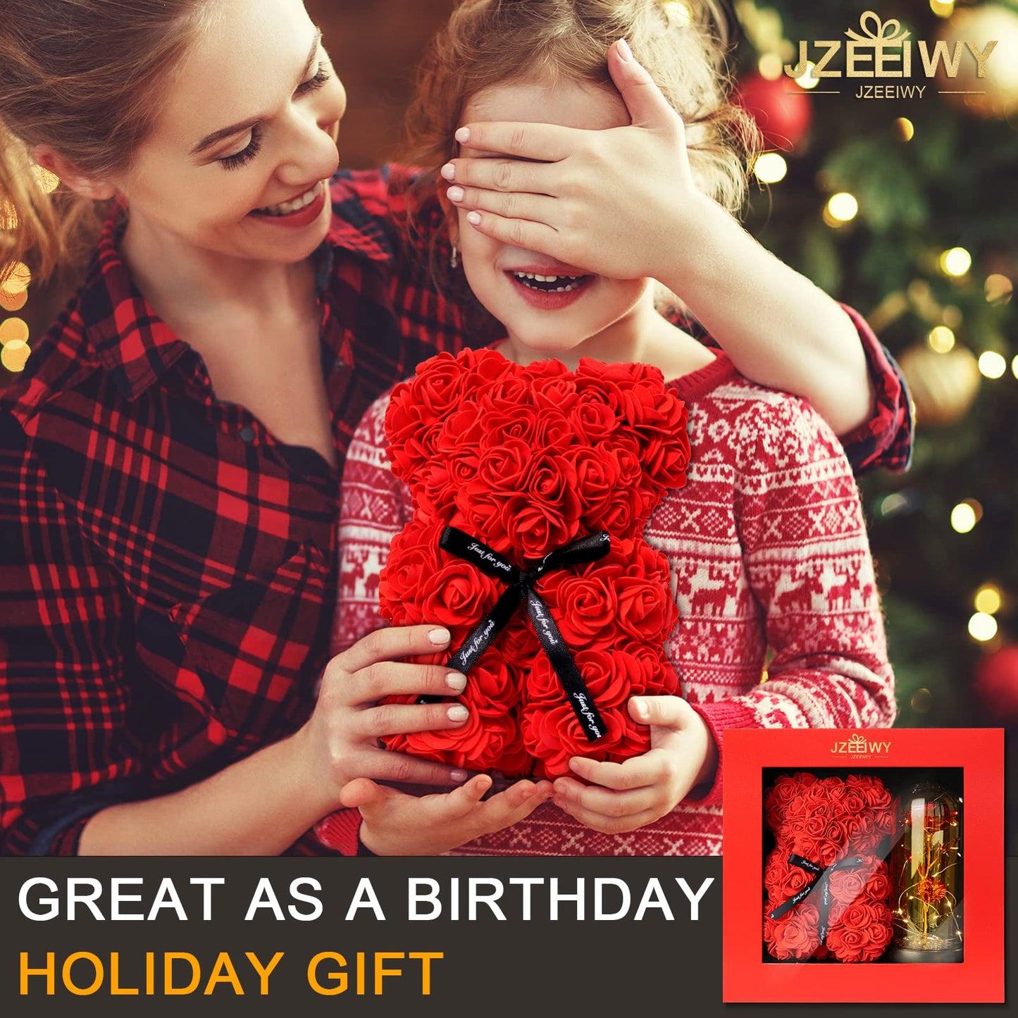 JZEEIWY Flower Rose Bear for Mom,Perfect Birthday Romantic Gift for Wife Daughter Girlfriend Friend Her,Light up Rose in Glass Dome for Birthday Anniversary Mothers Day Valentines Day
