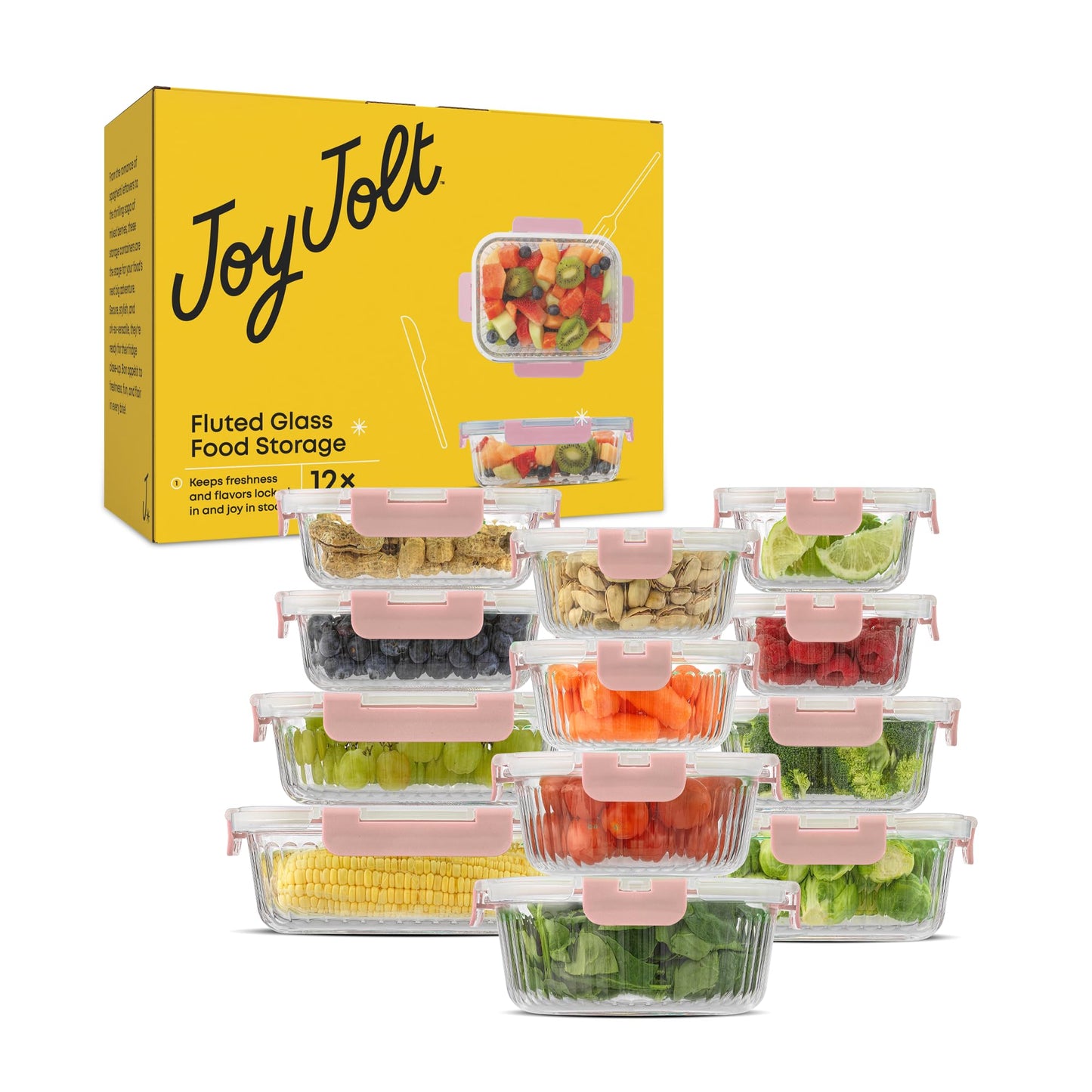 JoyJolt 24pc Borosilicate Glass Storage Containers with Lids | 12 Airtight/Freezer Safe Food Storage Containers for Pantry and Kitchen | Meal Prep Container for Lunch | Glass Tupperware Set