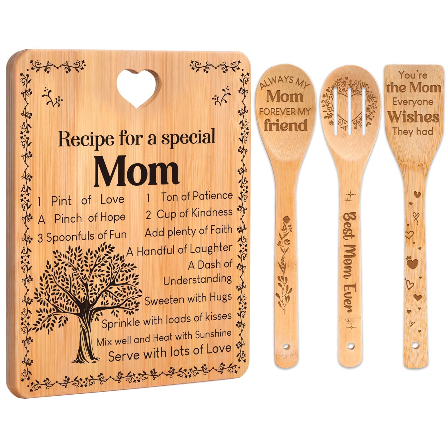 Gifts for Mom - "Recipe for a Special Mom" Mom Birthday Gifts Cutting Board Set, Bamboo-Made Engraved Utensil Set, Birthday Gifts for Mom from Daughter/Son, Mothers Day Gifts