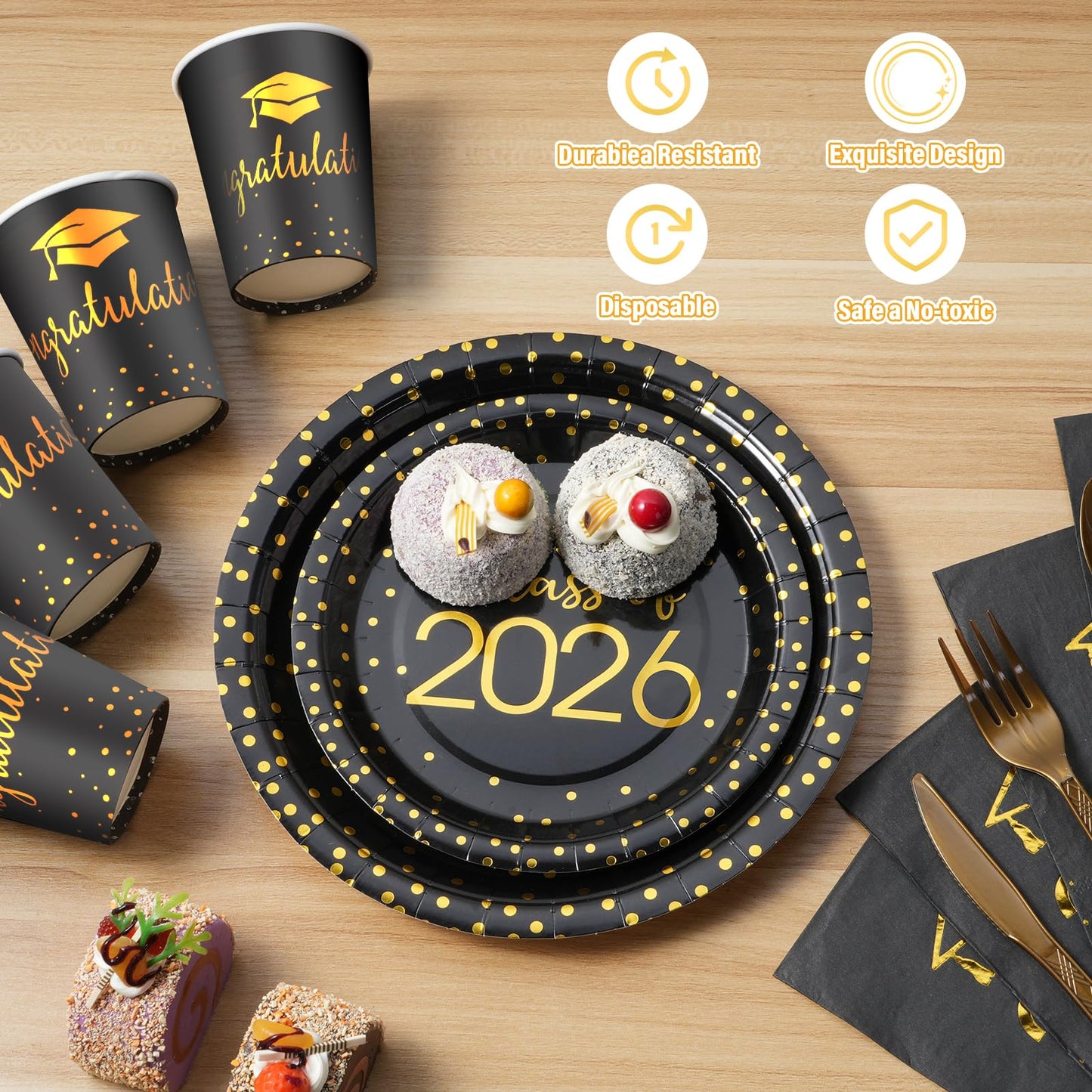 700pcs Class of 2026 Graduation Plates and Napkins Set, Disposable Paper Plate Set Polka Dots Napkins Cups Knife Fork Spoon for Graduation Party Decorations and Supplies,Serve 100 (Black Gold）