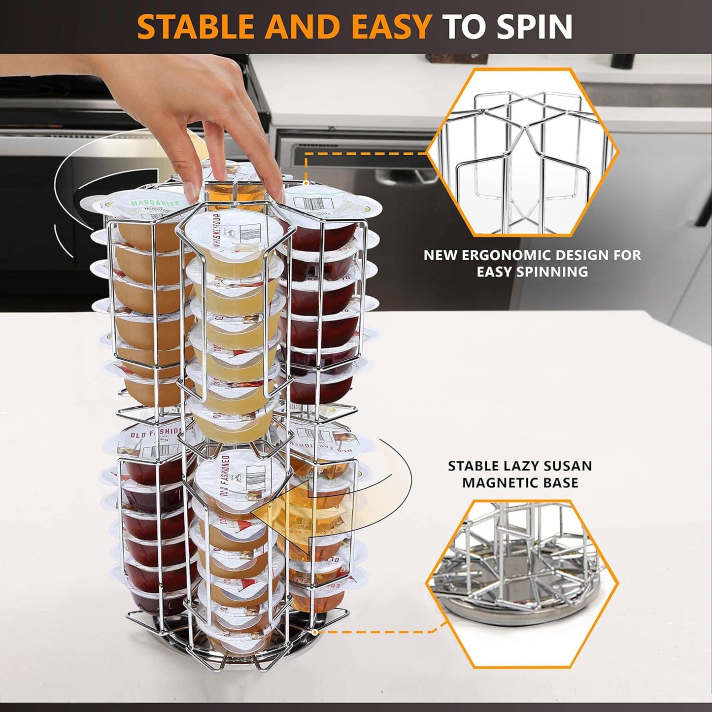 Ksestor Bartesian Capsule Holder - 48 Pod Rotating Storage Carousel, 360 Degree Chrome Tower Stand for Bartesian Cocktail Maker,Countertop Pod Organizer