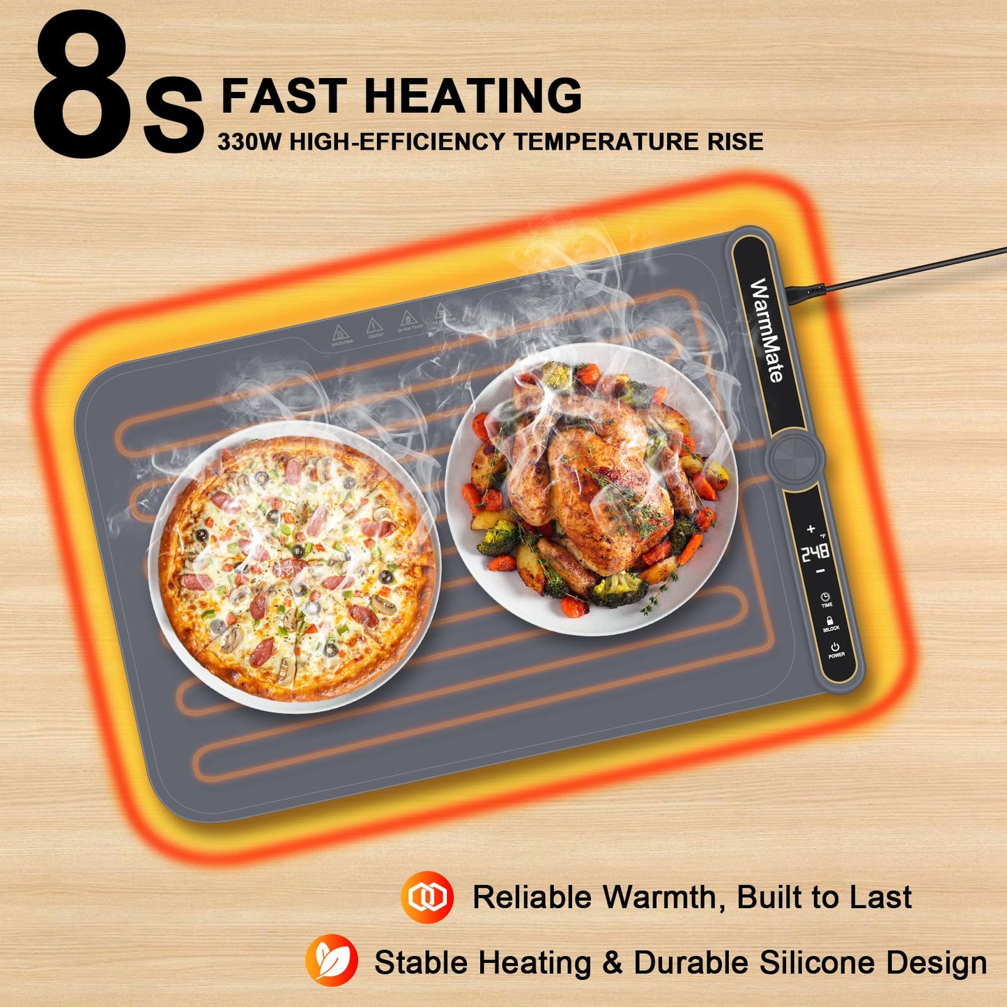 WarmMate Food Warming Mat，Electric Warming Tray with 9-Level Temperature Precision Control, 6H Timer,8s Full Surface Rapid Heating, Ideal for Buffets, Parties & Gatherings (Roll-Up Design，Dark Grey)