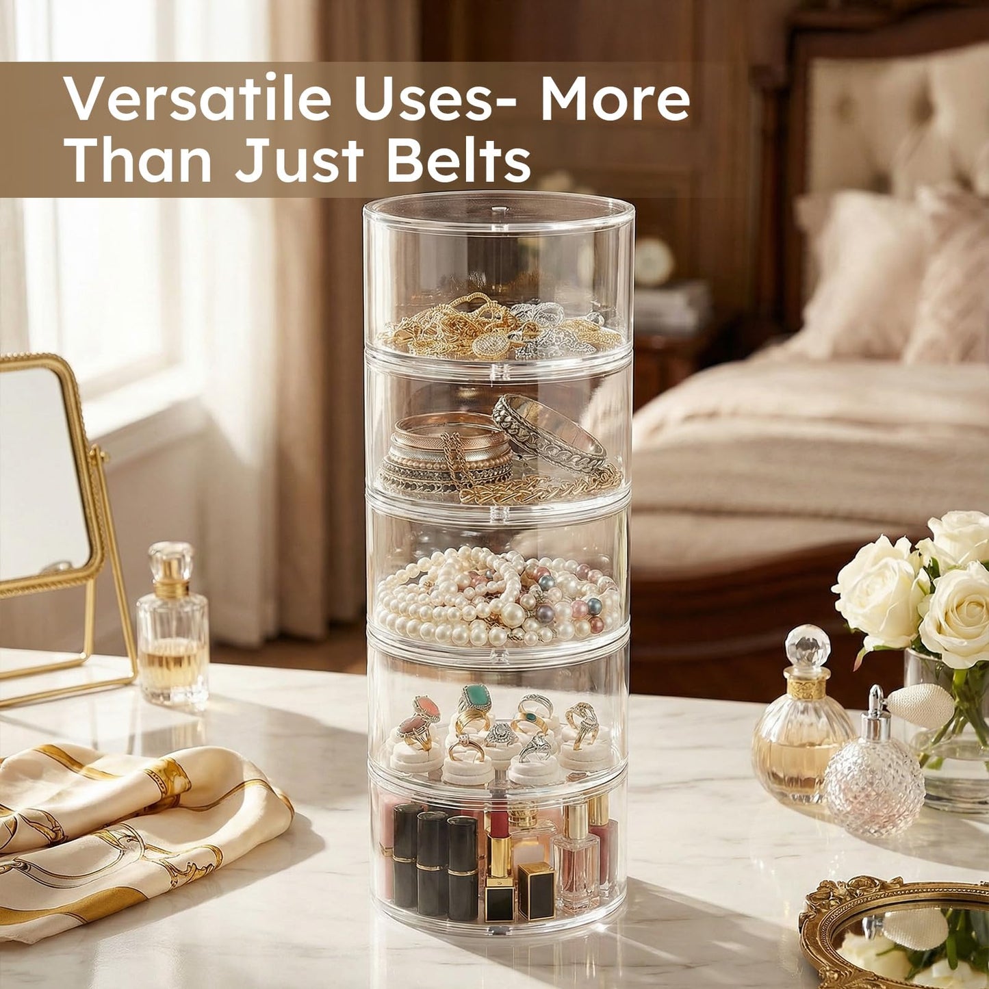 FEMELI Belt Organizer, Acrylic Belt Storage Holder for Closet & Drawer, 5-Layer Stackable Display Case for Belts, Watches, Jewelry and Ties
