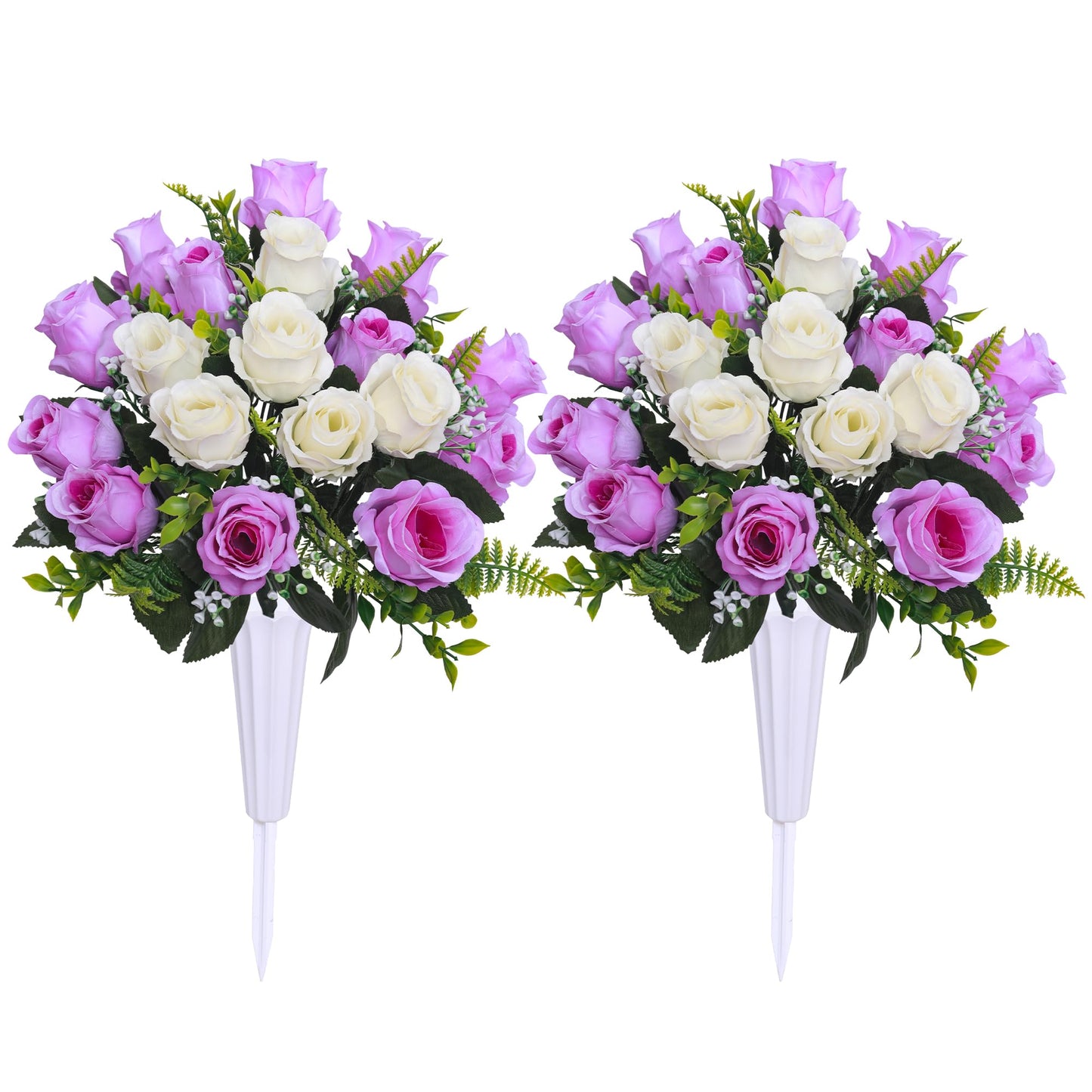 Hibsotco Set of 2 Artificial Cemetery Flowers with Vase,Grave Memorial Flowers,Artificial Rose Bouquet Decoration for Cemetery Headstones Gravesites (White with Purple, 2 Bouquets)