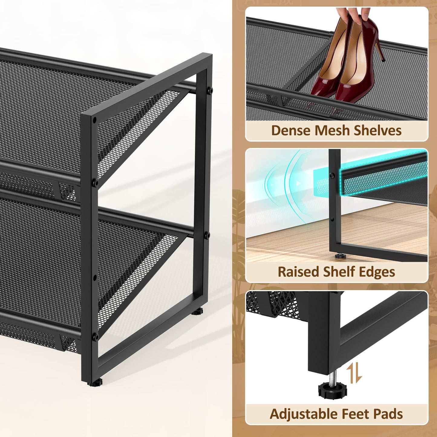 Expandable Shoe Rack, 2 Tier Adjustable Shoe Organizer with Flat & Slant Dual Use Design, Space Saving Shoes Stand for Closet & Entryway, Sturdy Dense Metal Grid Shoe Holder for High Heels, Sneakers