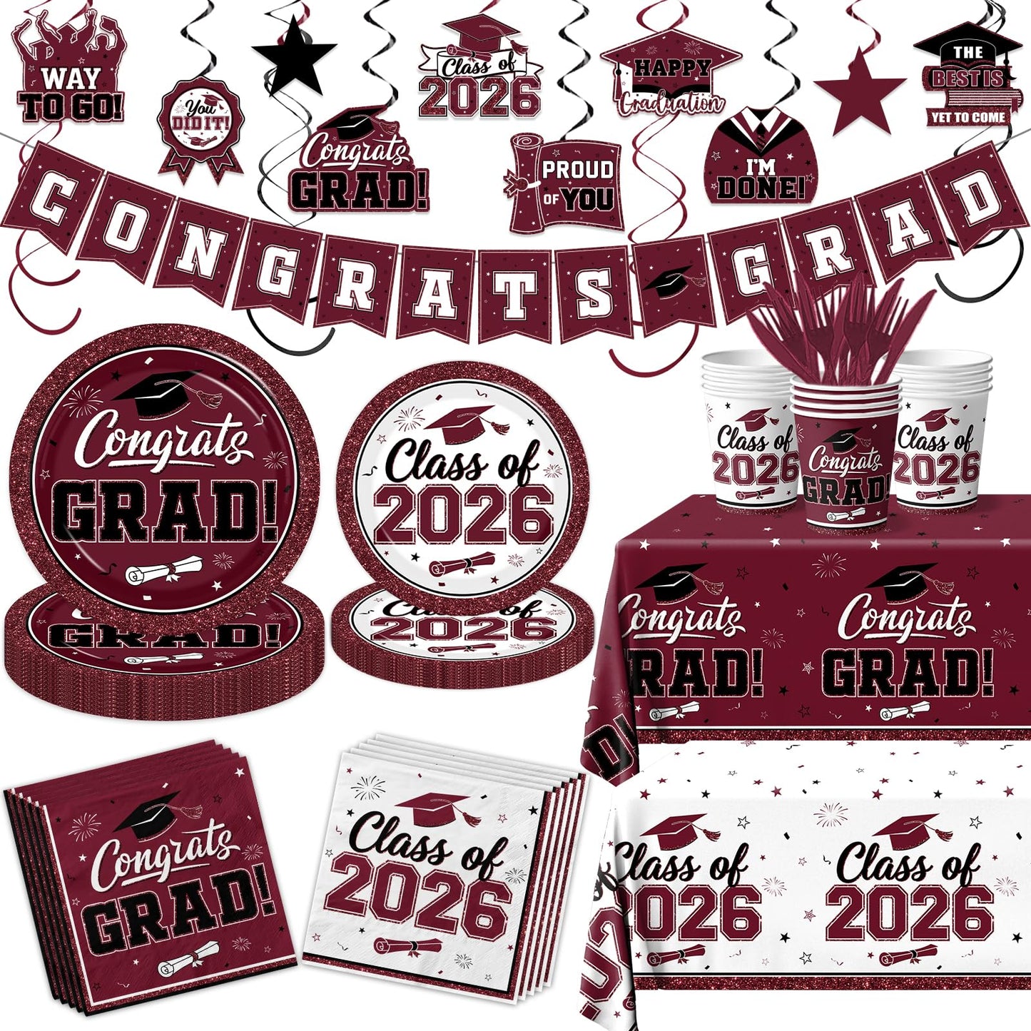 2026 Graduation Decorations Tableware,Maroon White Graduation Plates and Napkins,Class of 2026 Congrats Grad Party Supplies Disposable Tablecloth Cup Knife Fork for Graduation Party Decor,Serve 25
