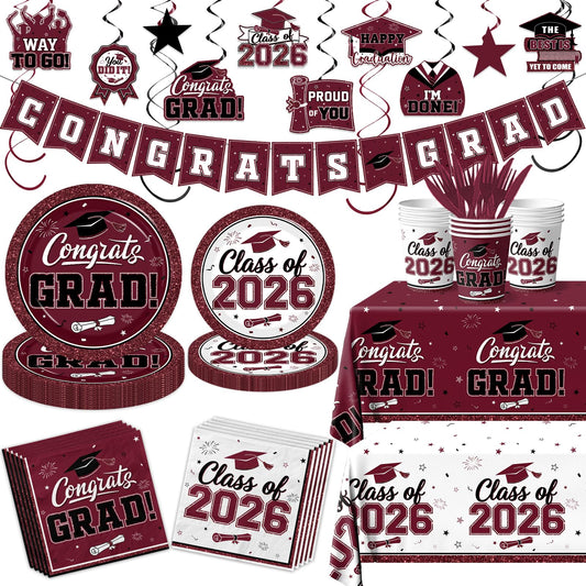 2026 Graduation Decorations Tableware,Maroon White Graduation Plates and Napkins,Class of 2026 Congrats Grad Party Supplies Disposable Tablecloth Cup Knife Fork for Graduation Party Decor,Serve 25