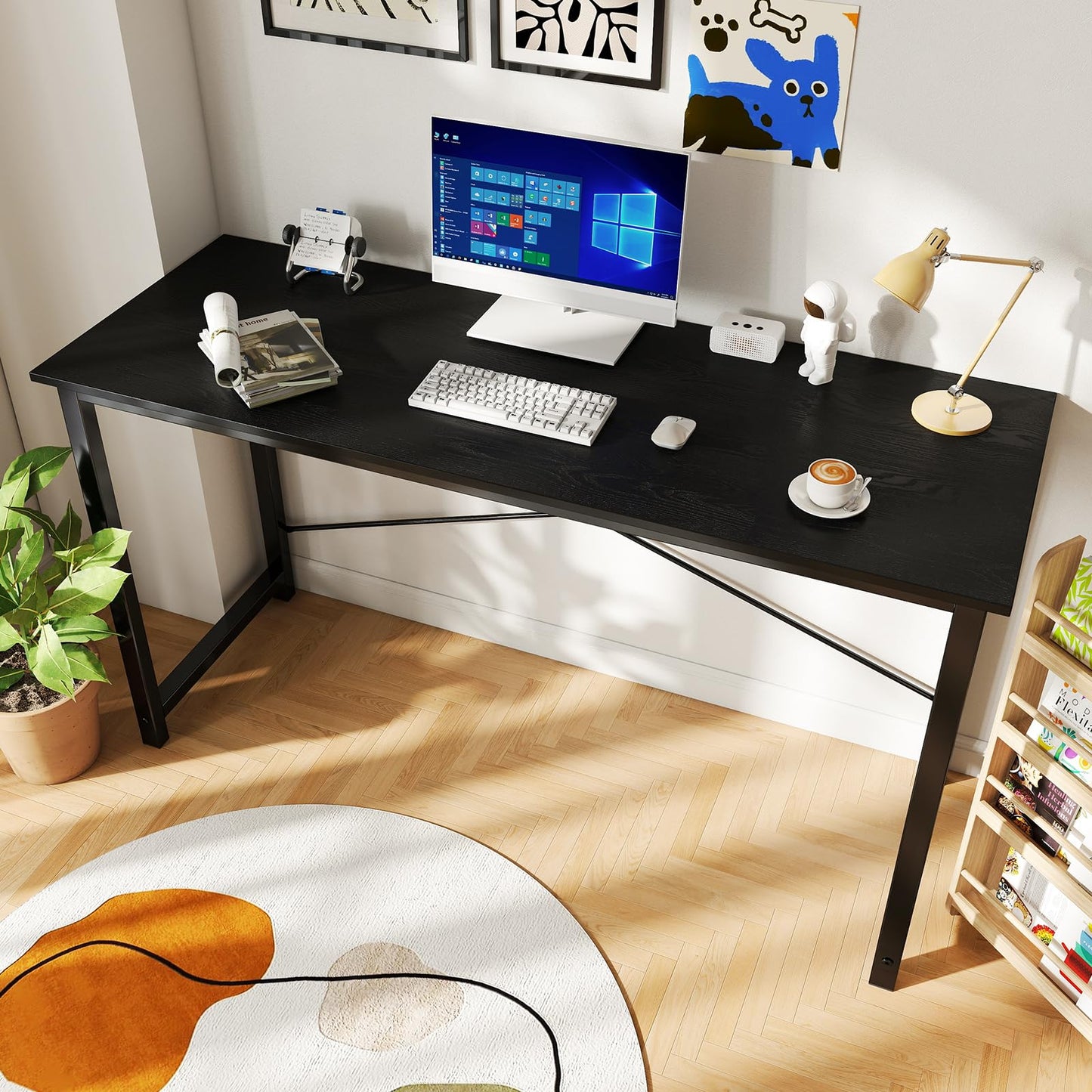 Sweetcrispy Computer Office Desk 55 Inch Student Study Writing Work with Metal Frame Wood Tabletop Modern Simple PC Home Bedroom Table - Black, Sturdy Compact Desk for Laptop, Study, Gaming