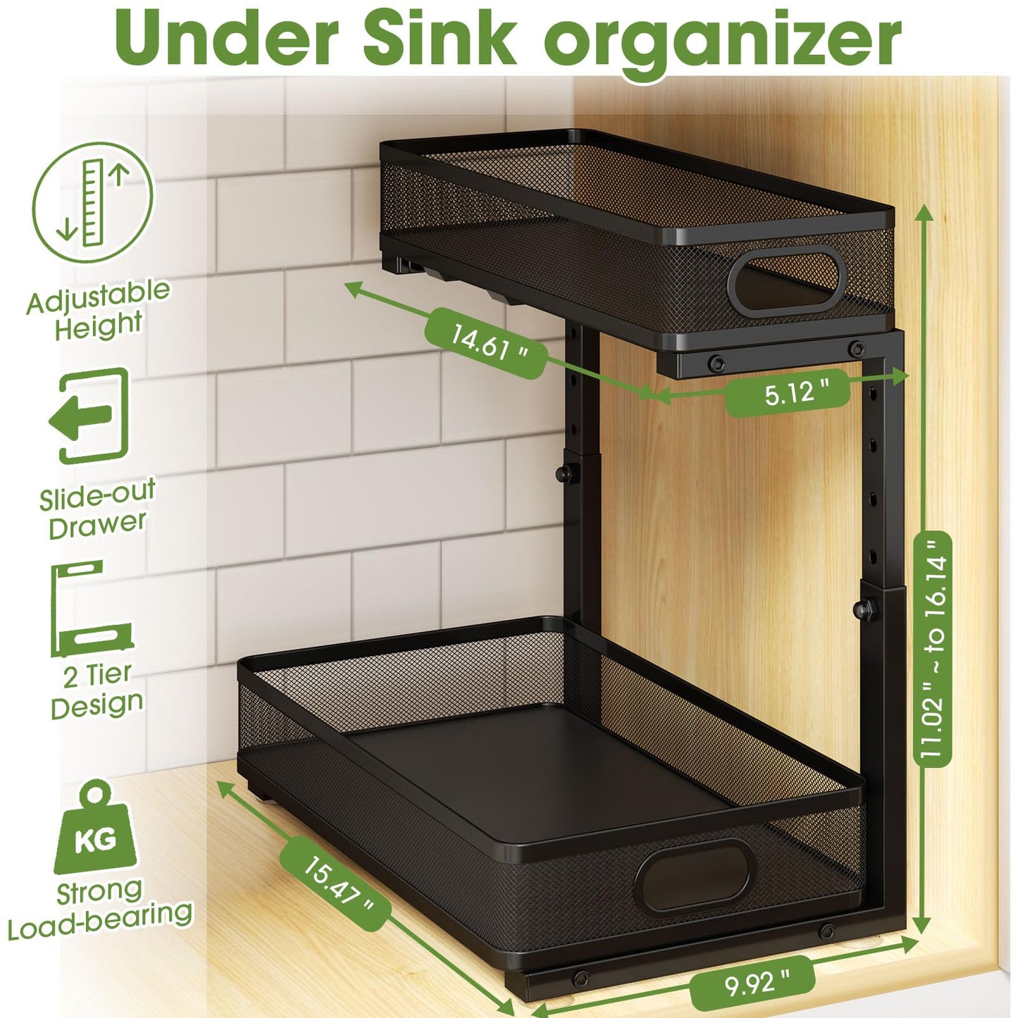 AURIKAR Under Sink Organizer 2-Pack, Metal 2-Tier Pull-Out Cabinet Shelf with Slide-Out Mesh Drawers, Height Adjustable, Space-Saving Under Sink Storage Racks for Kitchen, Bathroom, Laundry Room