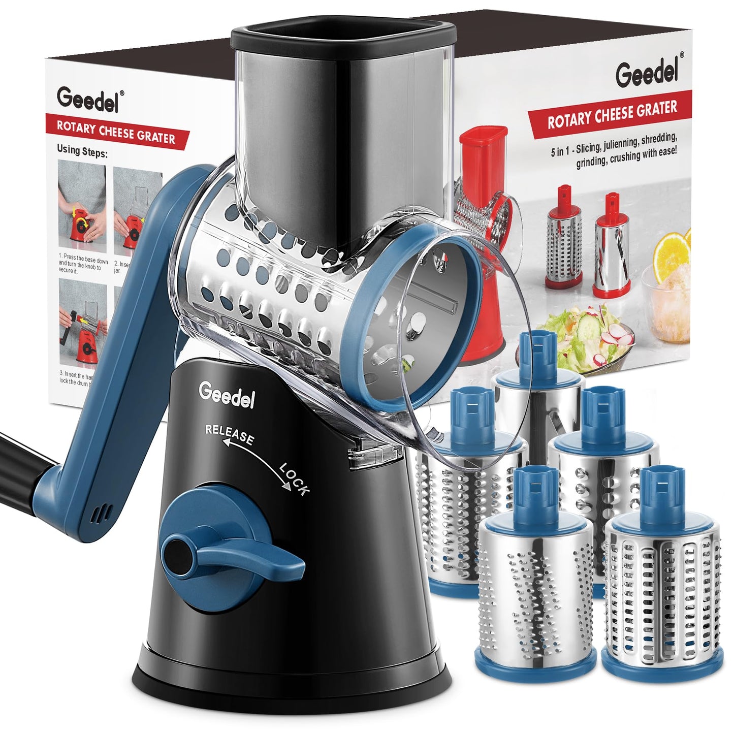 Geedel Rotary Cheese Grater Cheese Shredder - Upgraded 5-in-1 Cheese Grater with Handle and Strong Suction Base, Multi-purpose Vegetable Slicer Ice Shaver Nuts Grinder for Cheese, Vegetables, Ice
