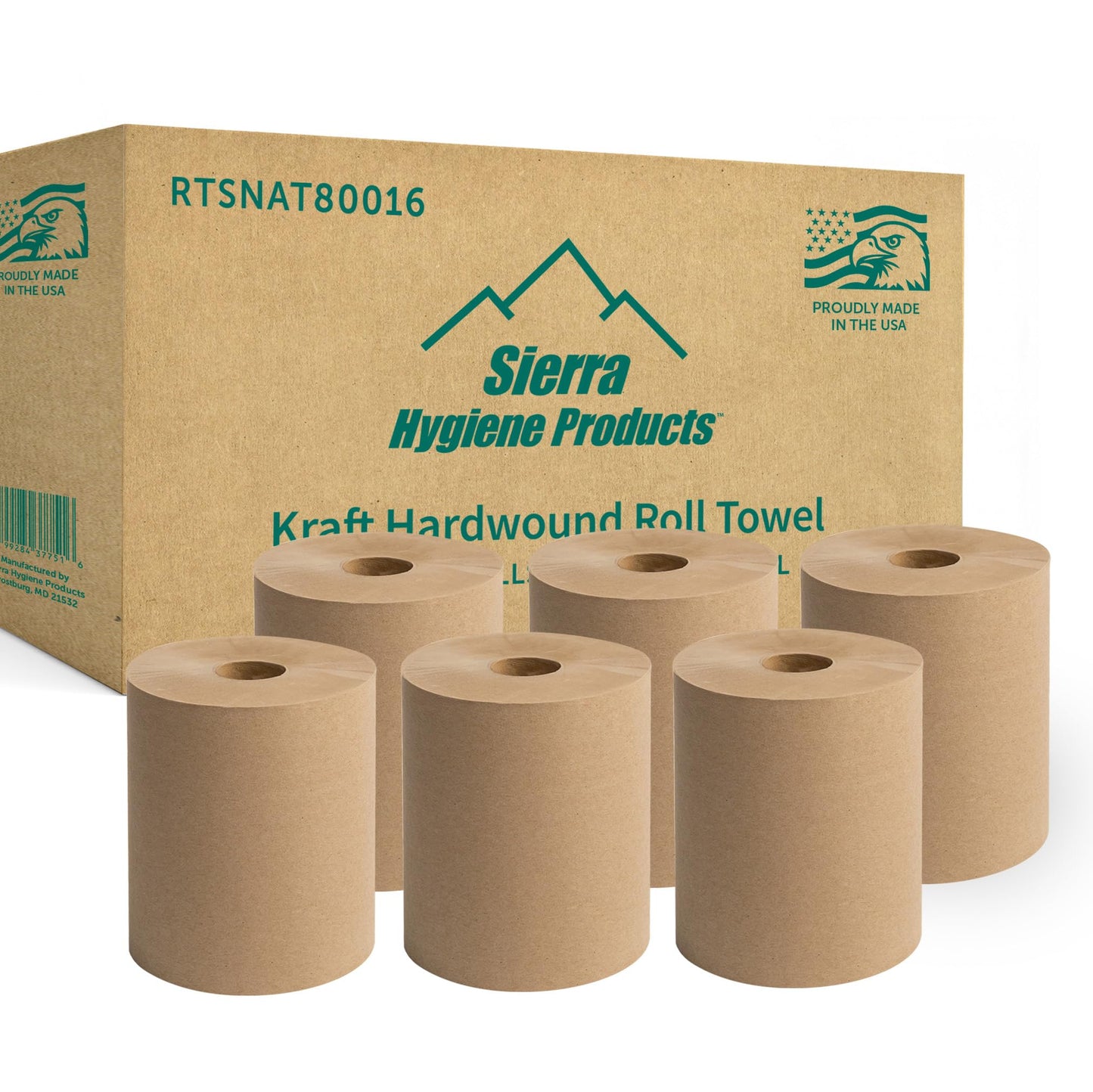 Sierra Hygiene 1-Ply Natural (Kraft) Roll Towels, 8” x 800’, Hardwound Universal Paper Towel Rolls for Commercial Restrooms, Restaurants, Schools & Offices, Case of 6 Rolls, Made in USA