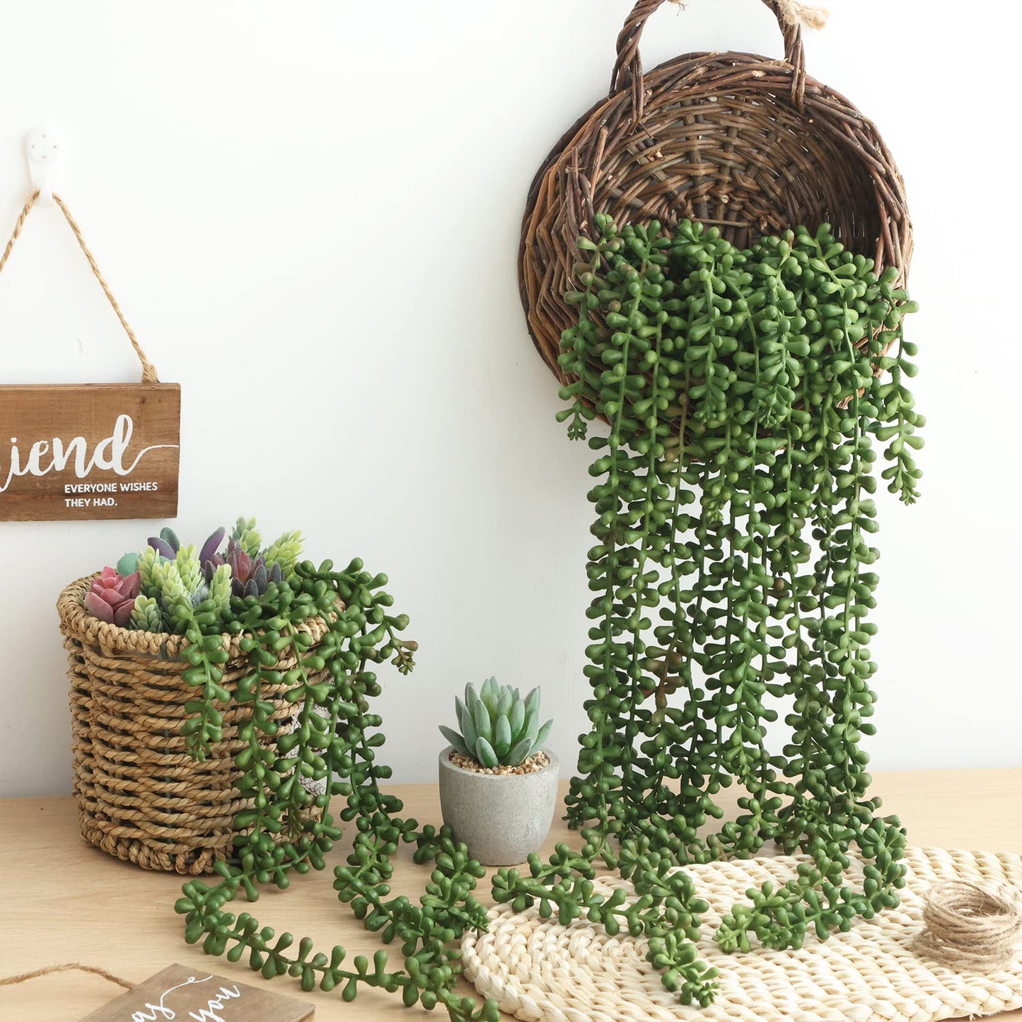 CEWOR 8pcs Artificial Succulents Hanging Greenery Plants Fake String of Pearls for Wall Home Garden Outdoor Decor (24 Inches Each Length)