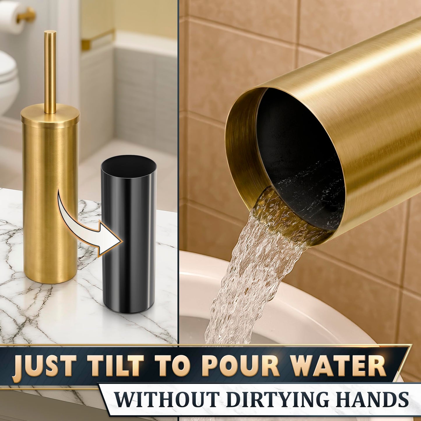 2 PCS Gold Toilet Brush and Holder Set - Brushed Stainless Steel Gold Toilet Bowl Brush and Holder with Replacable Head, Removable Inner Bowl, and Splash Protection - Dense Bristles for Cleaning