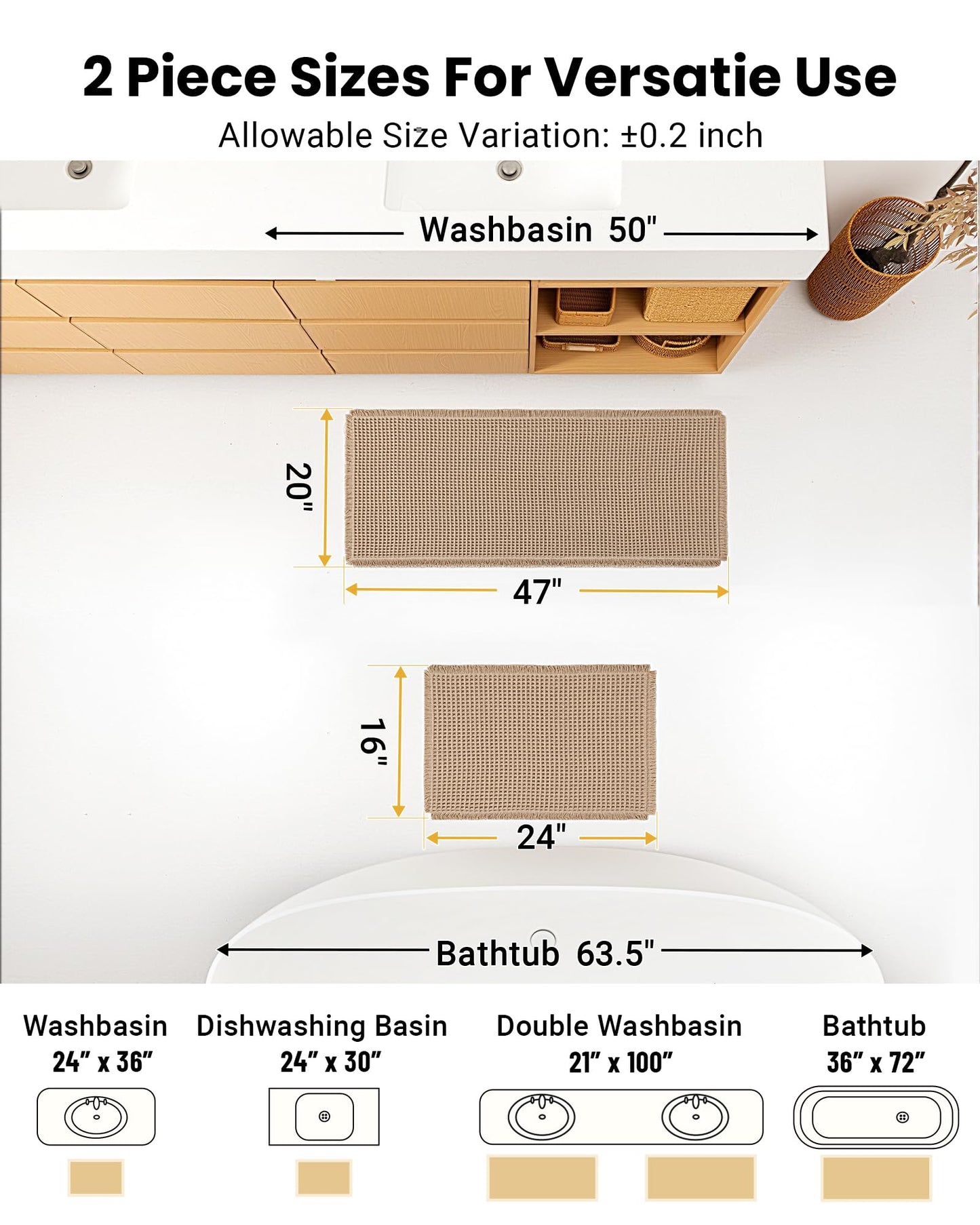 Furicher Large Waffle Bath Mat Set, Non Slip Bath Rug Set, Ultra Absorbent Bath Mats for Bathroom Decor, Extra Soft Floor Kitchen Rugs Sets 2 Piece, Washable Bath Runner Rug, Brown, 20"×47" & 16"×24"