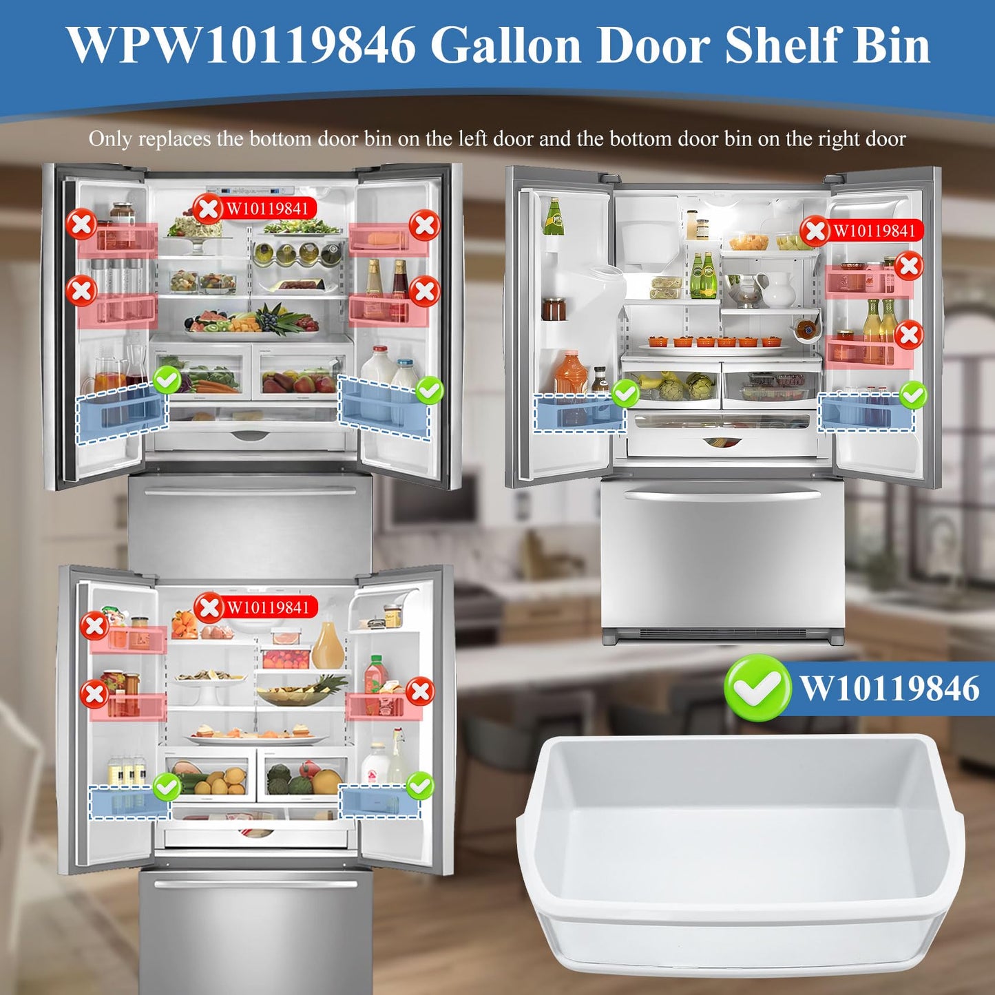 W10119846, WPW10119846 Door Shelf Bin Compatible with kitchenaid Basket-Door, Jenn-Air Refrigerator Door Bin, whirlpool door bin. Fit for KRFC302ESS00 JFC2290REP00 etc. Replacement 1480807, PS2347787