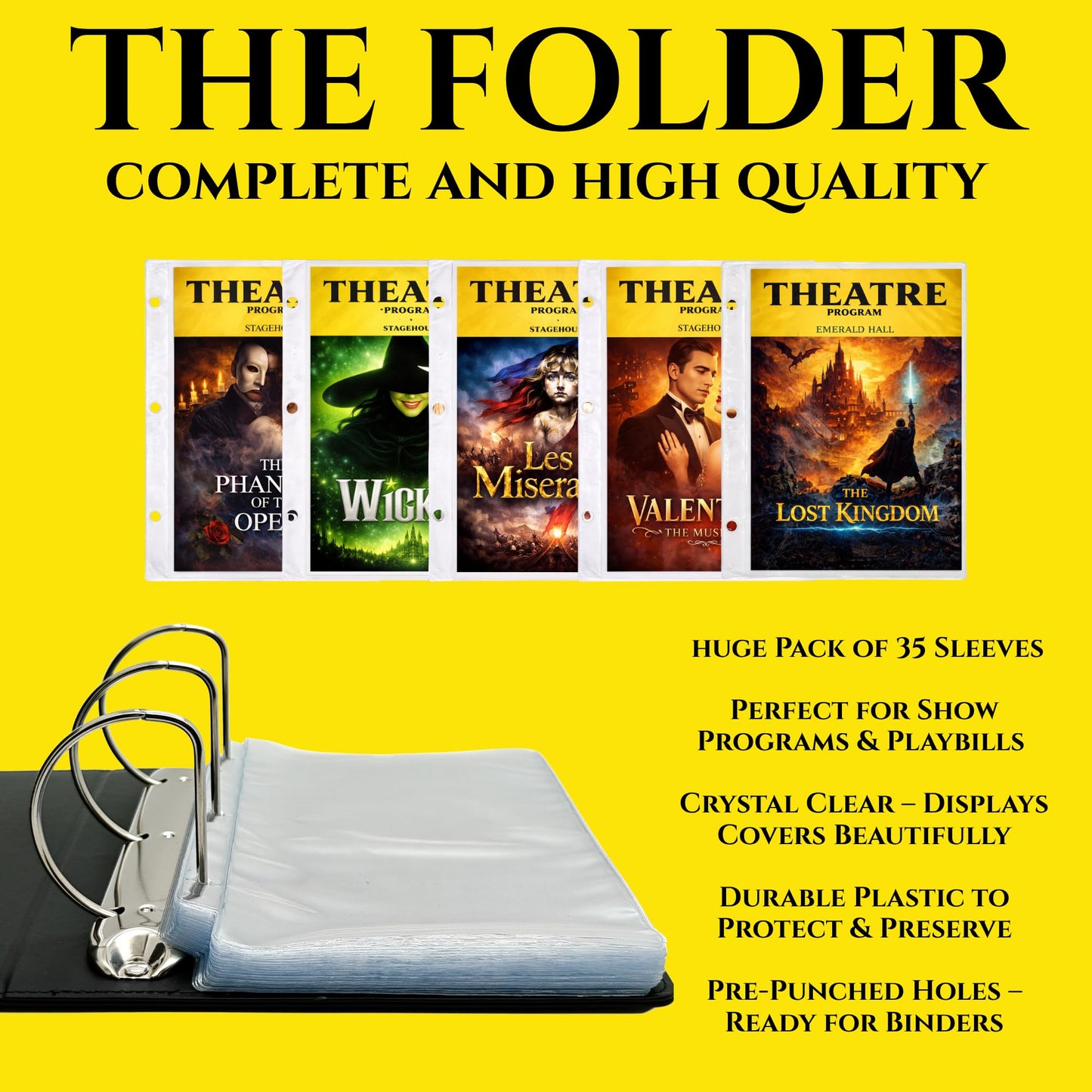Show-Bill Binder & Theatre Journal Set – Faux Leather Folder with 35 Sleeves, 86 Show Log Book – Musical Theatre Program Organiser & Broadway Gift