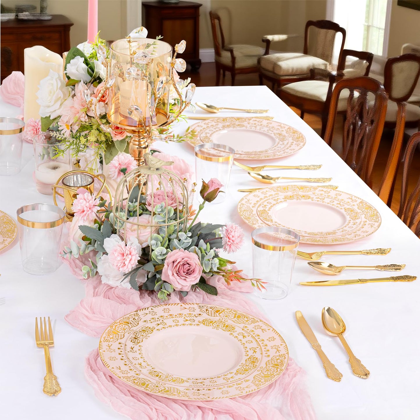 GATHER 350PCS Pink and Gold Plastic Plates - Gold Disposable Dinnerware Set Include 50 Dinner Plates, 50 Dessert Plates, 150 Plastic Silverware, 50 Napkins, 50 Cups for Wedding