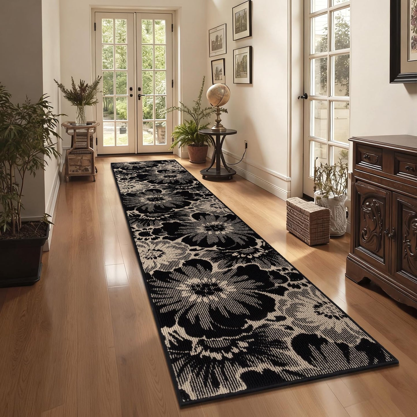 Findosom Hallway Runner Rug 2x10, Non Slip High-Low Textured Floral Washable Runner Rug with Rubber Backing, Boho Carpet Runner for Kitchen, Entryway, Bedroom, Laundry, Black & Beige