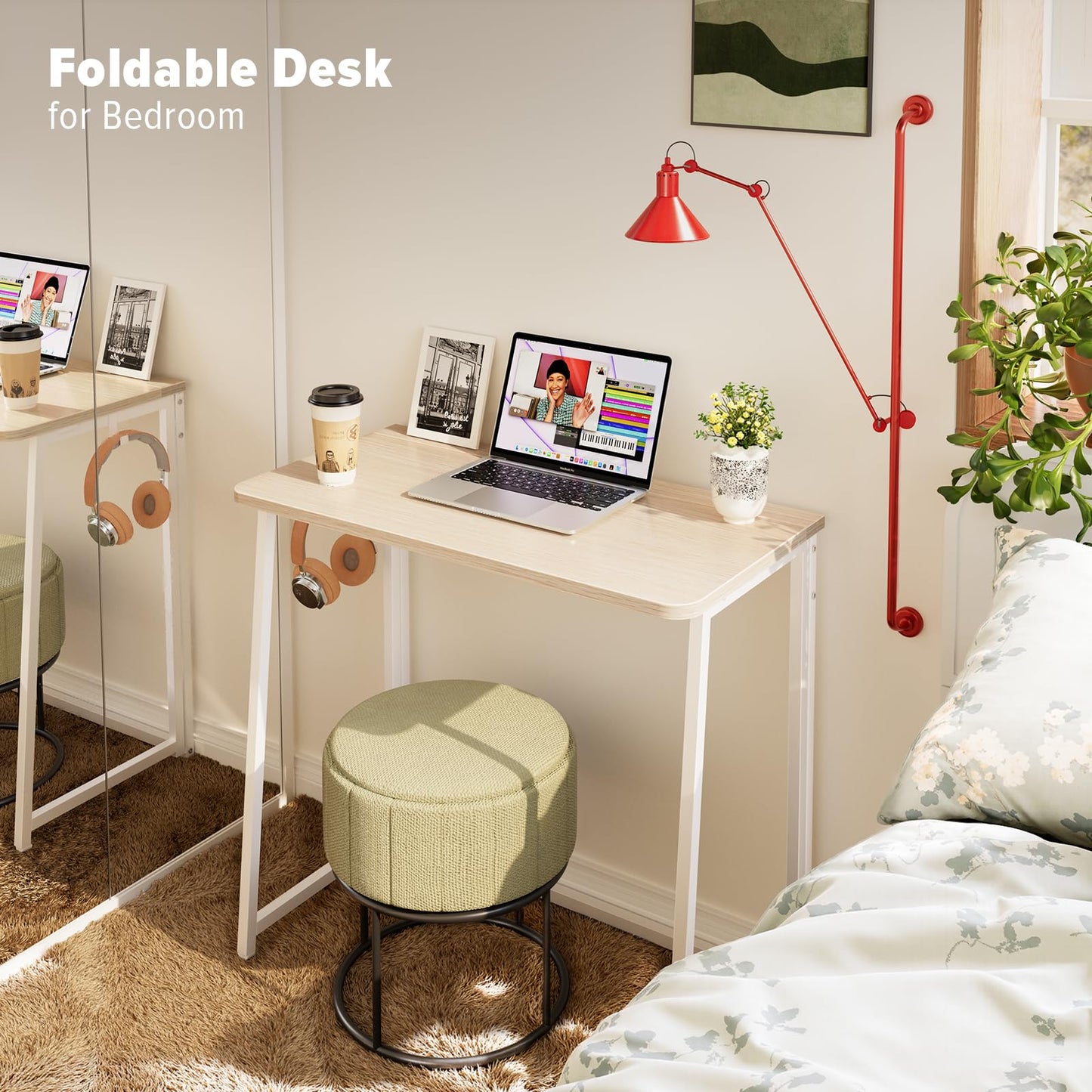 WOHOMO Folding Desk, Small Foldable Desk 31.5" for Small Spaces, Space Saving Computer Table Writing Workstation for Home Office, Easy Assembly, Oak