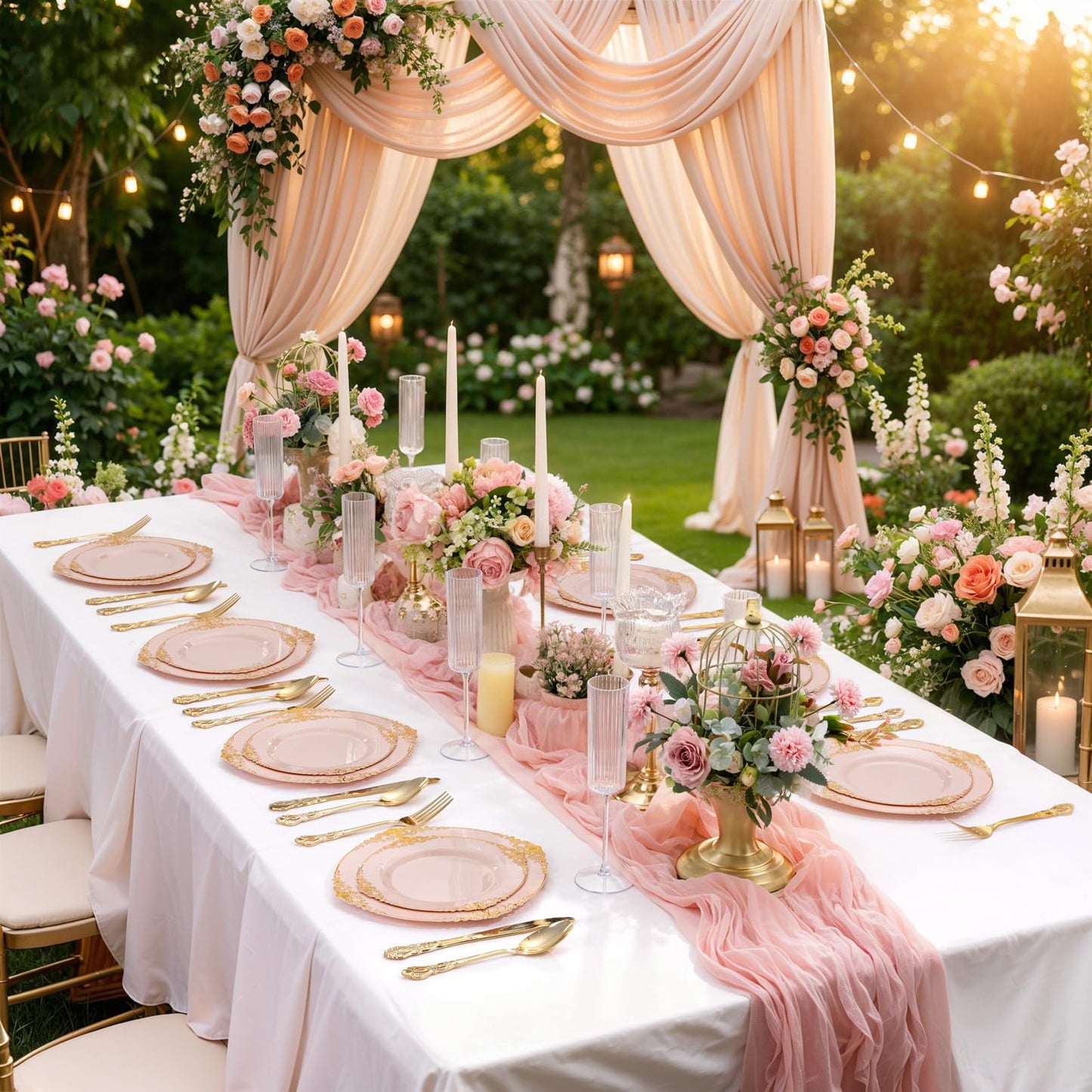 Joyido 200PCS Pink and Gold Plates - Pink Plastic Plate - Fancy Disposable Plates with Gold Rim - Vintage Wedding Dinner & Dessert Plate for 100 Guests for Wedding & Bridal Shower