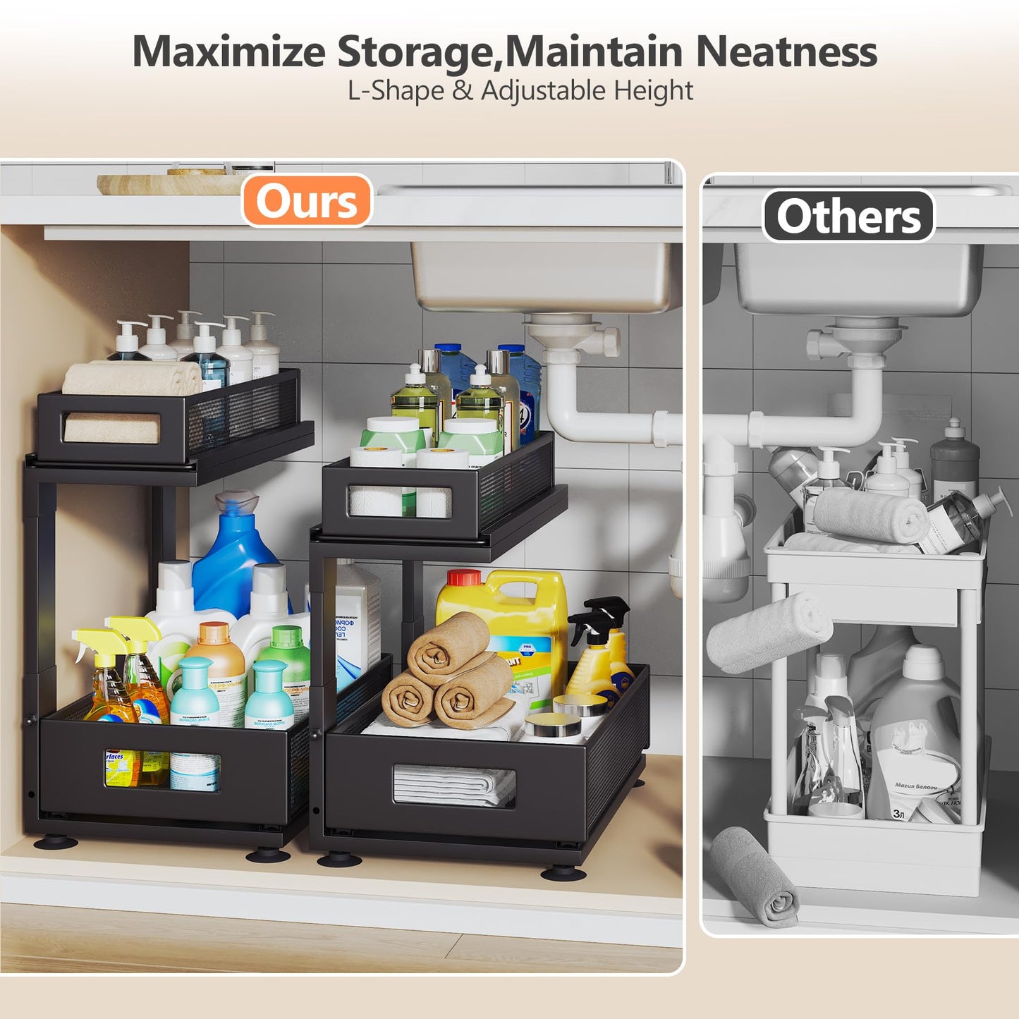 Corbyles 2 Pack Under Sink Organizer with Next-Gen Ball-Bearing Slides,2-Tier Pull Out Cabinet Storage,Height Adjustable Drawer Shelf for Bathroom,Kitchen,Laundry,Cabinet,Pantry(Patent Pending)
