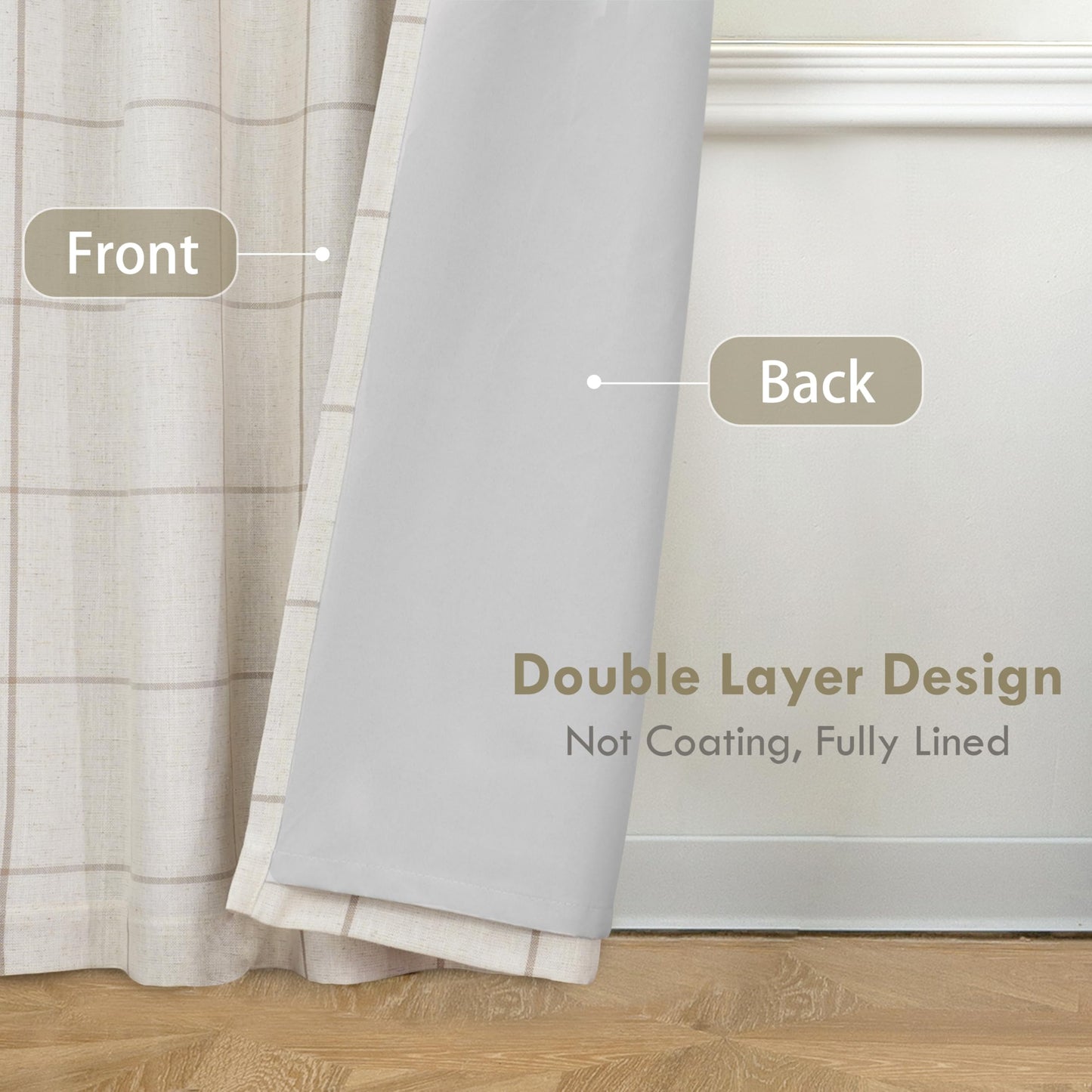 DriftAway 100% Blackout Windowpane Plaid Linen Curtains Double Layer Farmhouse Drapes 84 Inches Long for Living Room Bedroom Yarn Dyed Woven Thermal Insulated Rod Pocket Back Tab 2 Panels Taupe