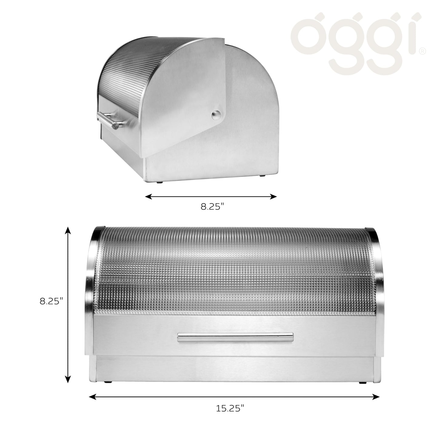 Oggi Stainless Steel Roll Top Bread Box for Kitchen Countertop with Tempered Glass Lid - Fits Multiple Large Loaves of Bread and Other Freshly Baked Goods Including Cookies, Bagels, Muffins