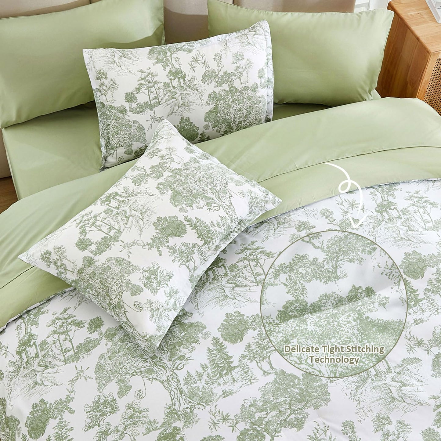 DJY Sage Green Comforter Set King, 7 Pieces Bed in a Bag King Size Botanical Comforters with Sheets Elegant Plants Print Soft Microfiber Reversible Complete Bedding Sets for All Season