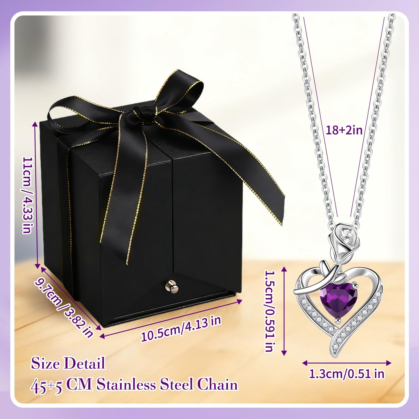 Sereney Preserved Purple Flower Rose with Necklace, Forever Flowers Eternal Rose with Purple Heart Jewelry Gifts for Women Mom Wife Grandma Friend as Anniversary Christmas Birthday Gifts